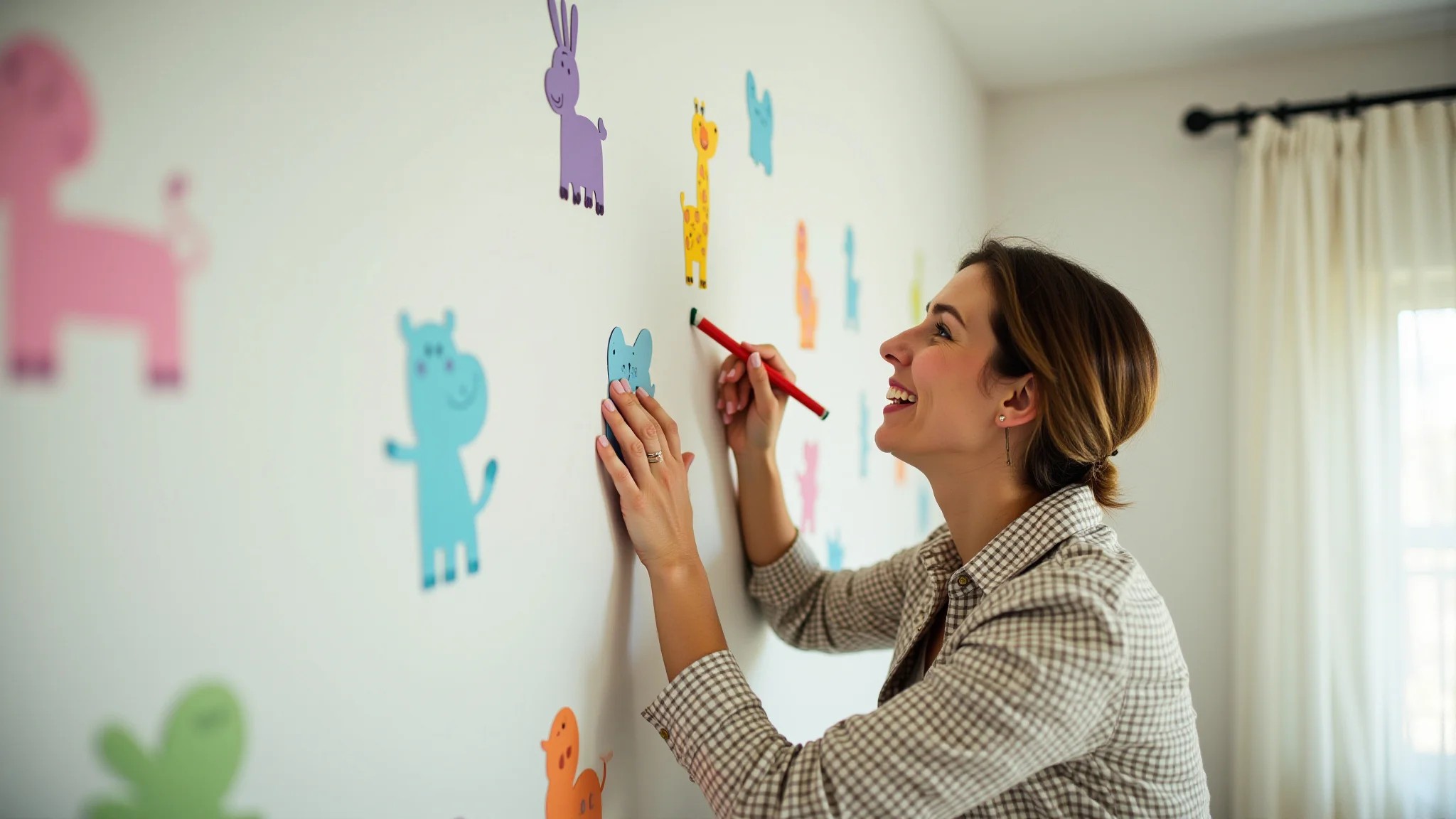 Mulher aplicando adesivo de parede infantil com tema de animais em quarto infantil.