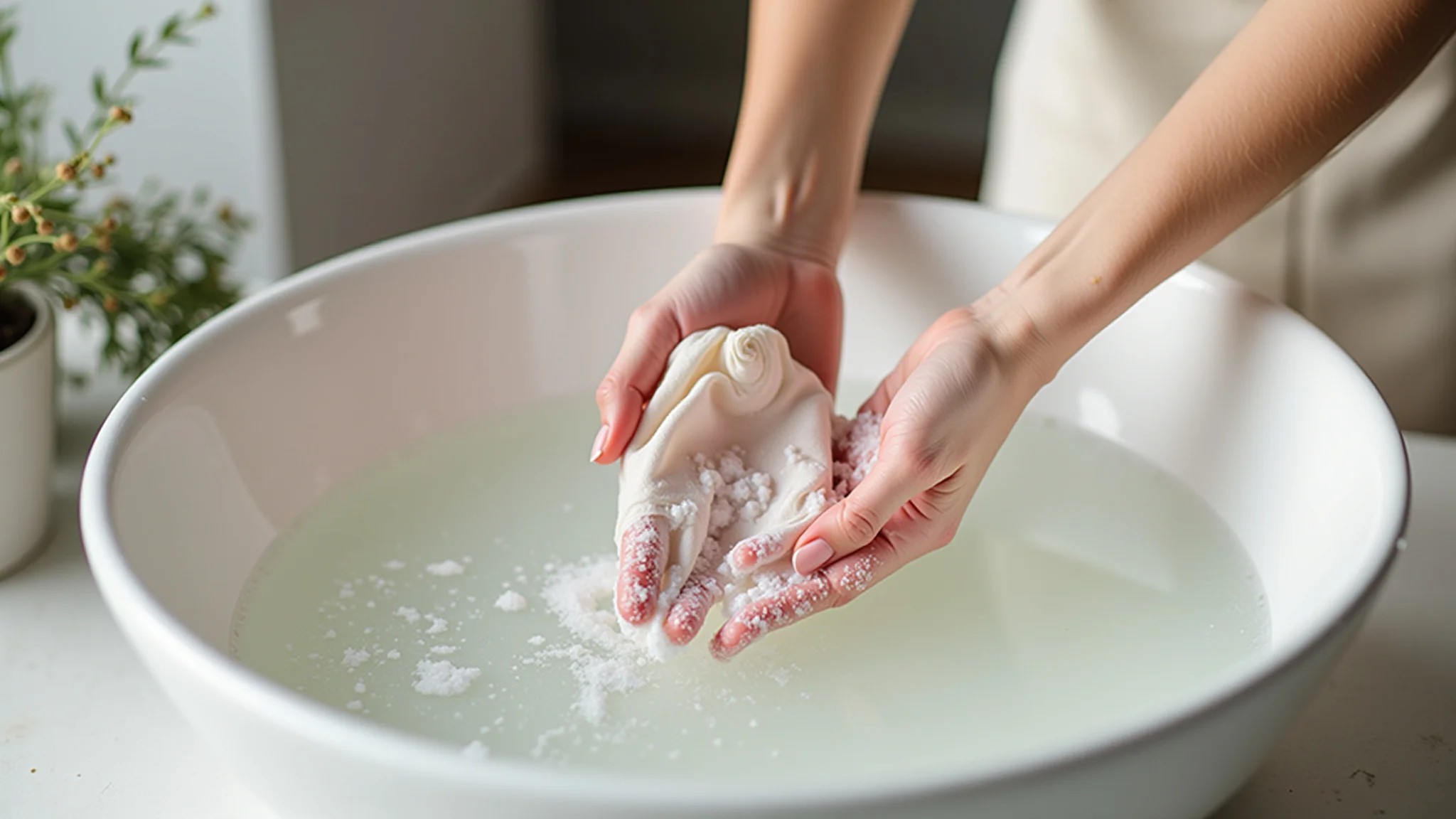 Mulher lavando delicadamente uma blusa de seda à mão em uma bacia com água e sabão.