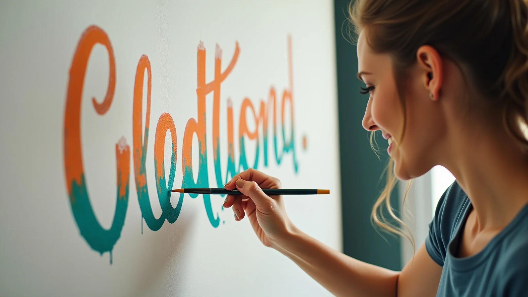 Mulher pintando lettering colorido em parede branca de casa brasileira.