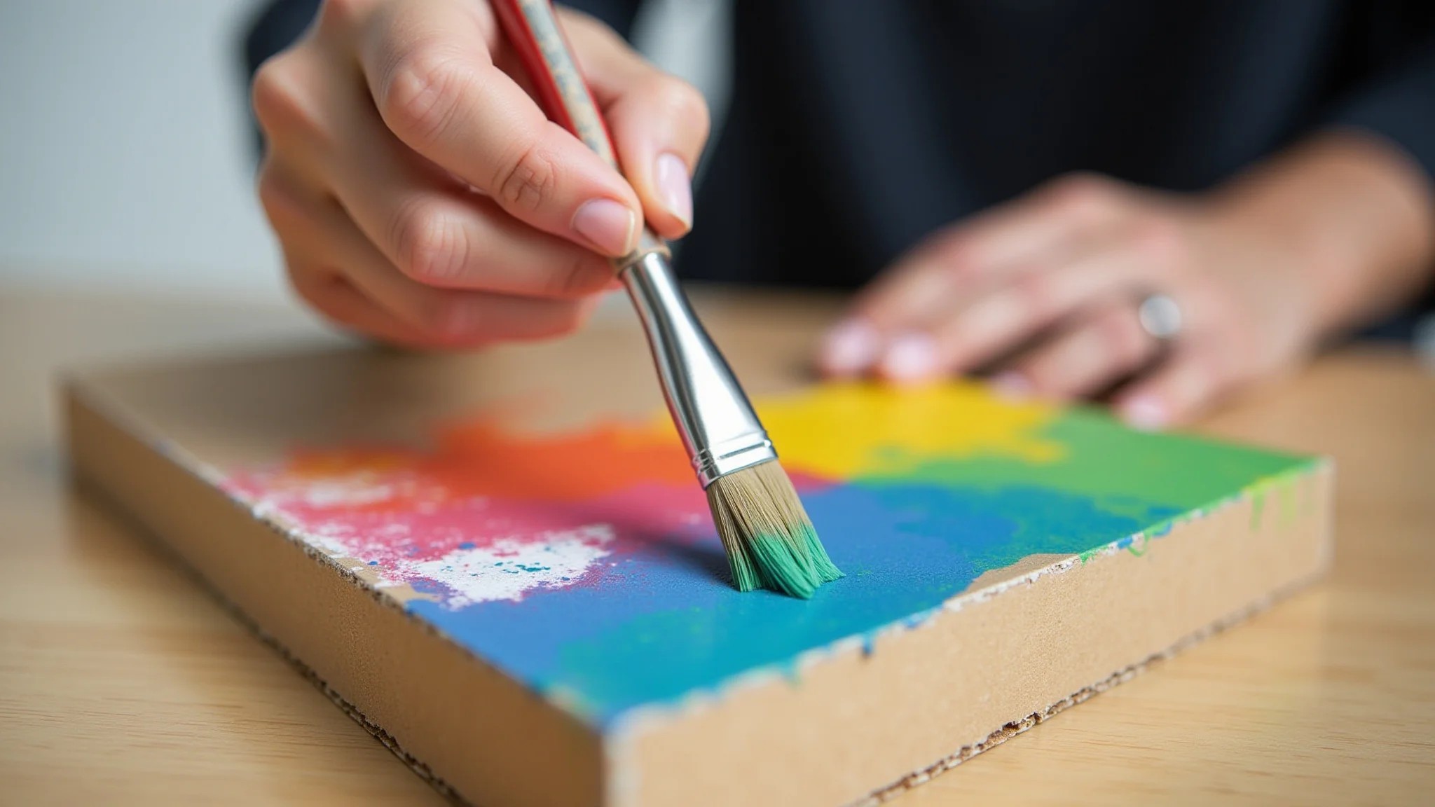 Close-up de uma mulher pintando uma caixa de MDF com cores vibrantes.