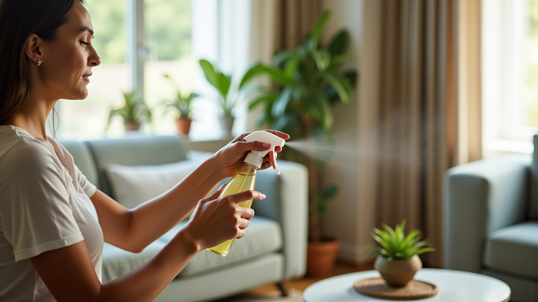 Mulher borrifando aromatizador caseiro em sala ensolarada com decoração brasileira.