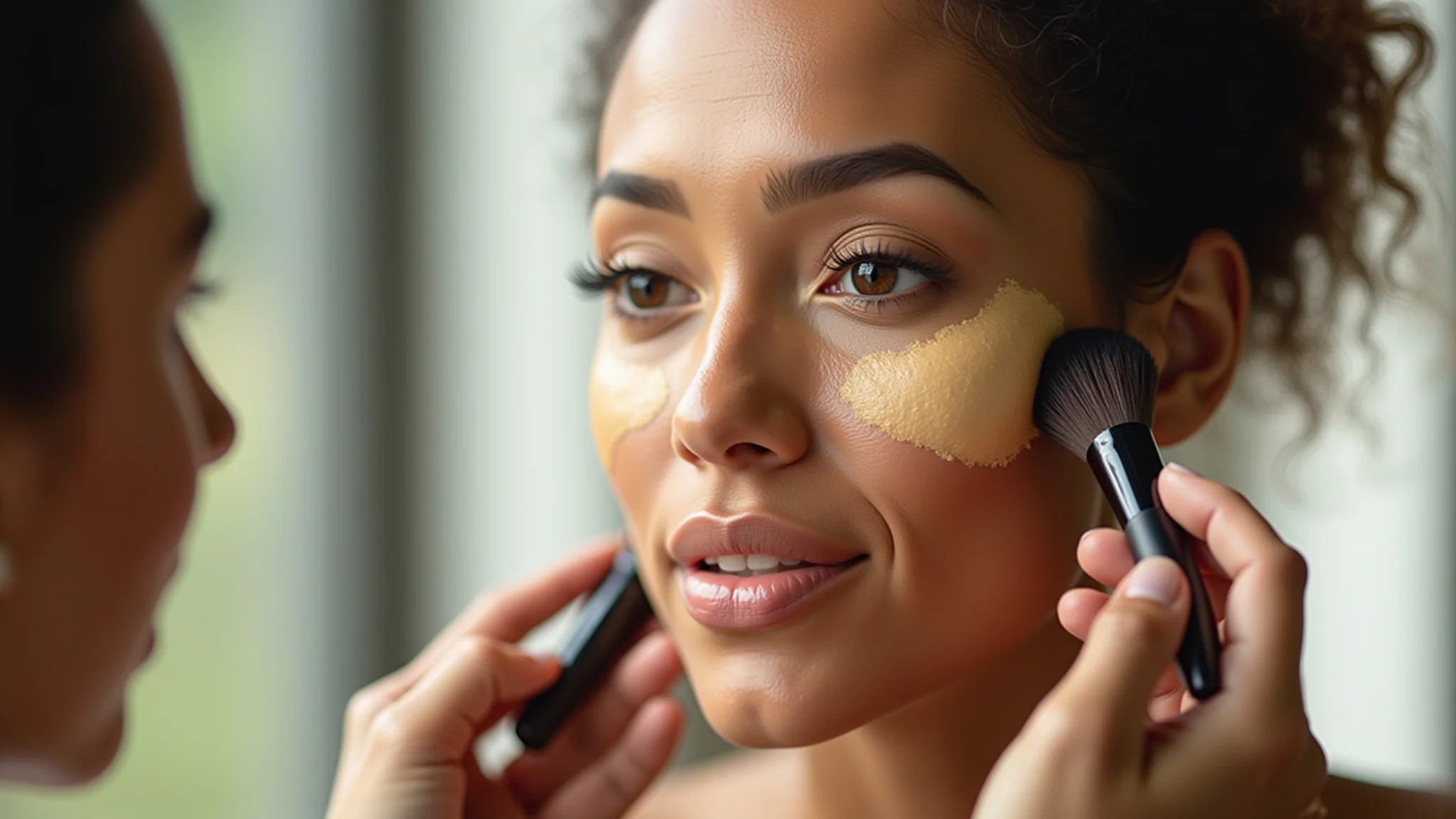 Close de mulher de pele oliva aplicando base com subtom amarelado, maquiagem profissional.