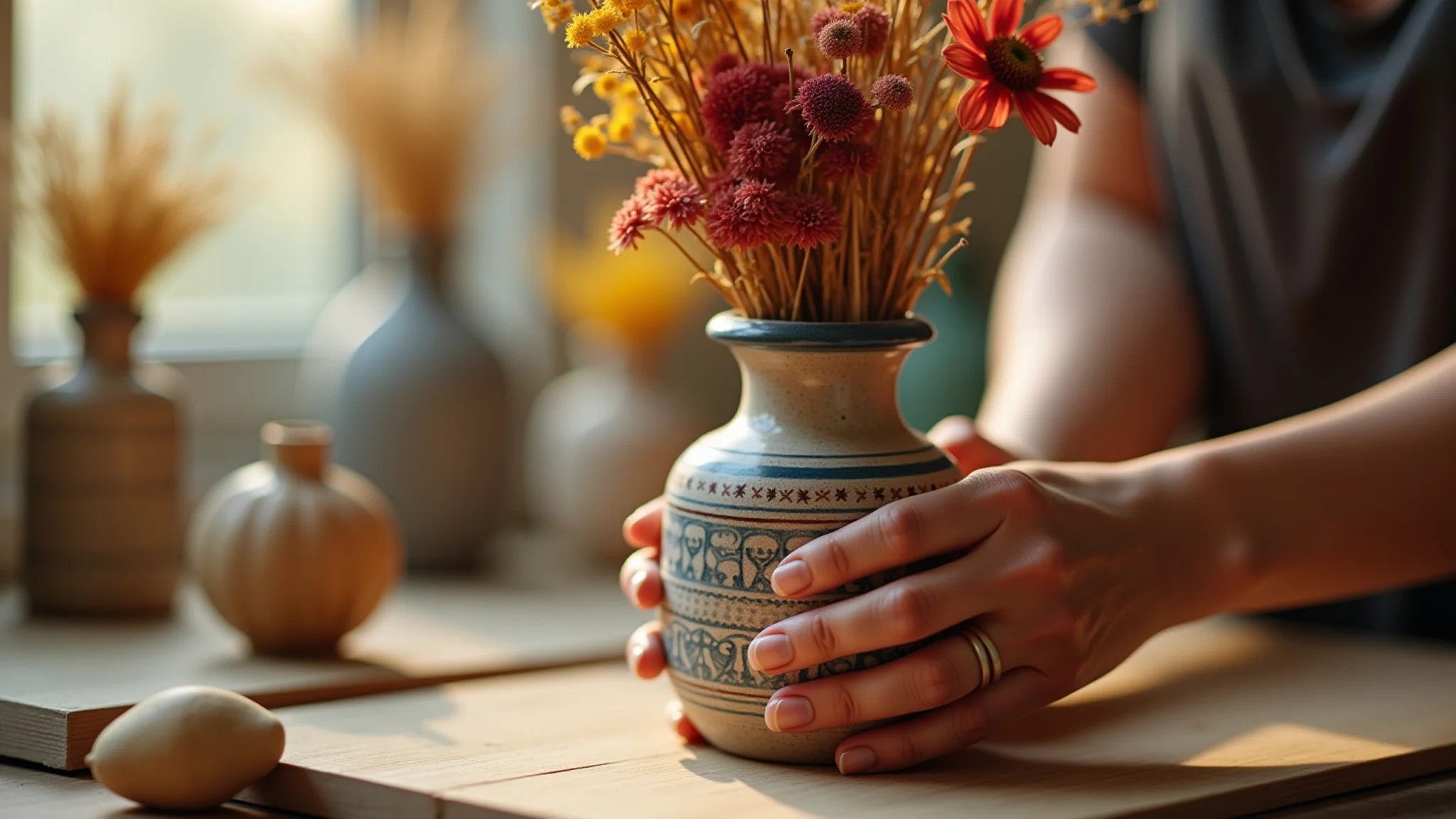 Mãos femininas criando vaso decorado com flores secas, presente artesanal para o Dia das Mães.
