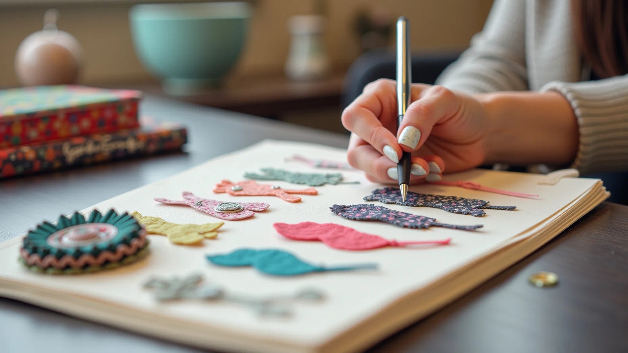 Mãos de artesã criando caderno personalizado com tecidos coloridos e detalhes encantadores.