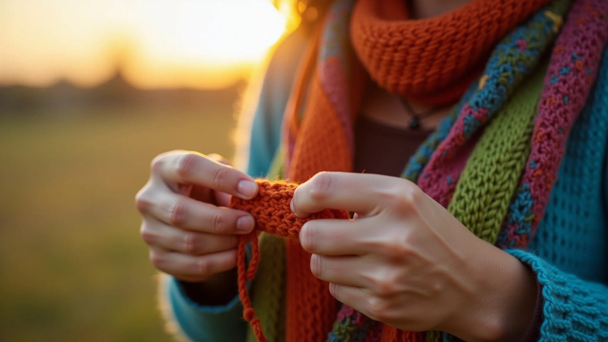 Mãos femininas crocheteando um cachecol colorido, luz dourada suave, cores vibrantes brasileiras.