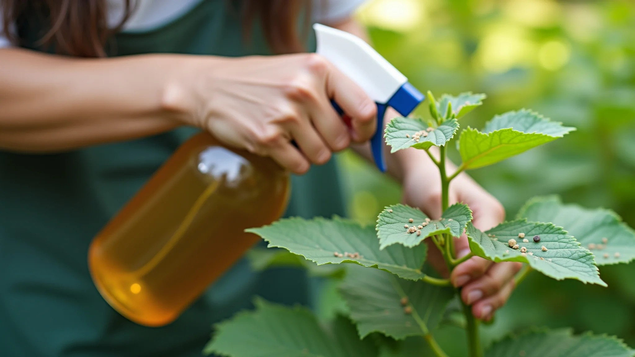 Mãos femininas aplicando óleo de neem caseiro em planta com pulgões.