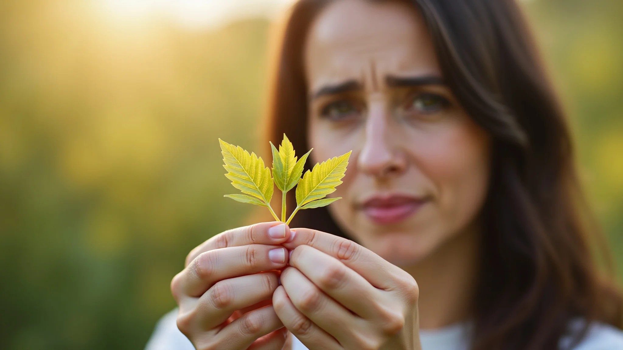 Mãos femininas segurando planta com folhas amareladas, transmitindo preocupação.