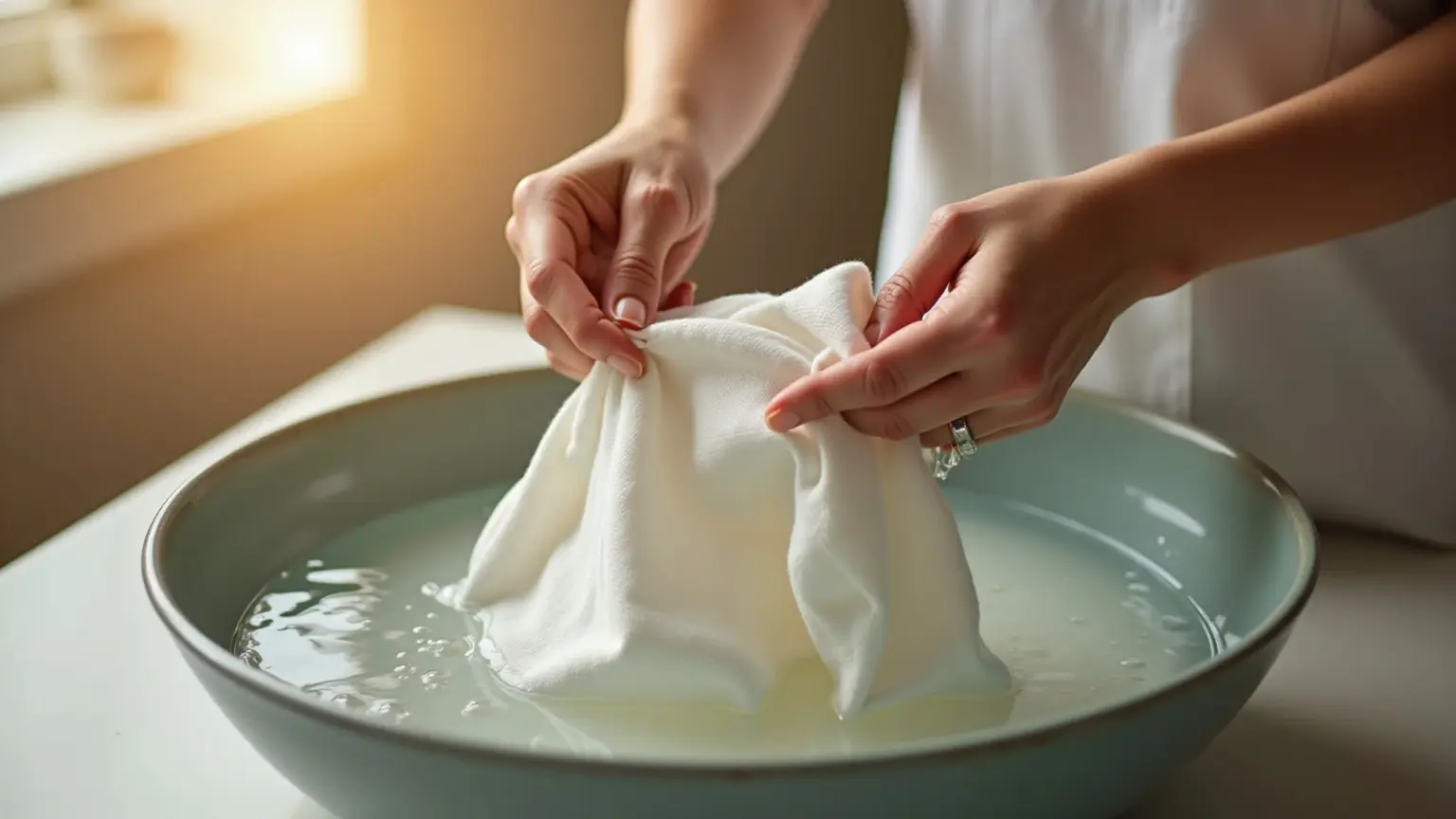 Como Cuidar de Roupas de Linho: O Guia Completo Mantê-las Lindas por Mais Tempo Mãos de mulher lavando delicadamente uma blusa de linho em uma bacia com água.