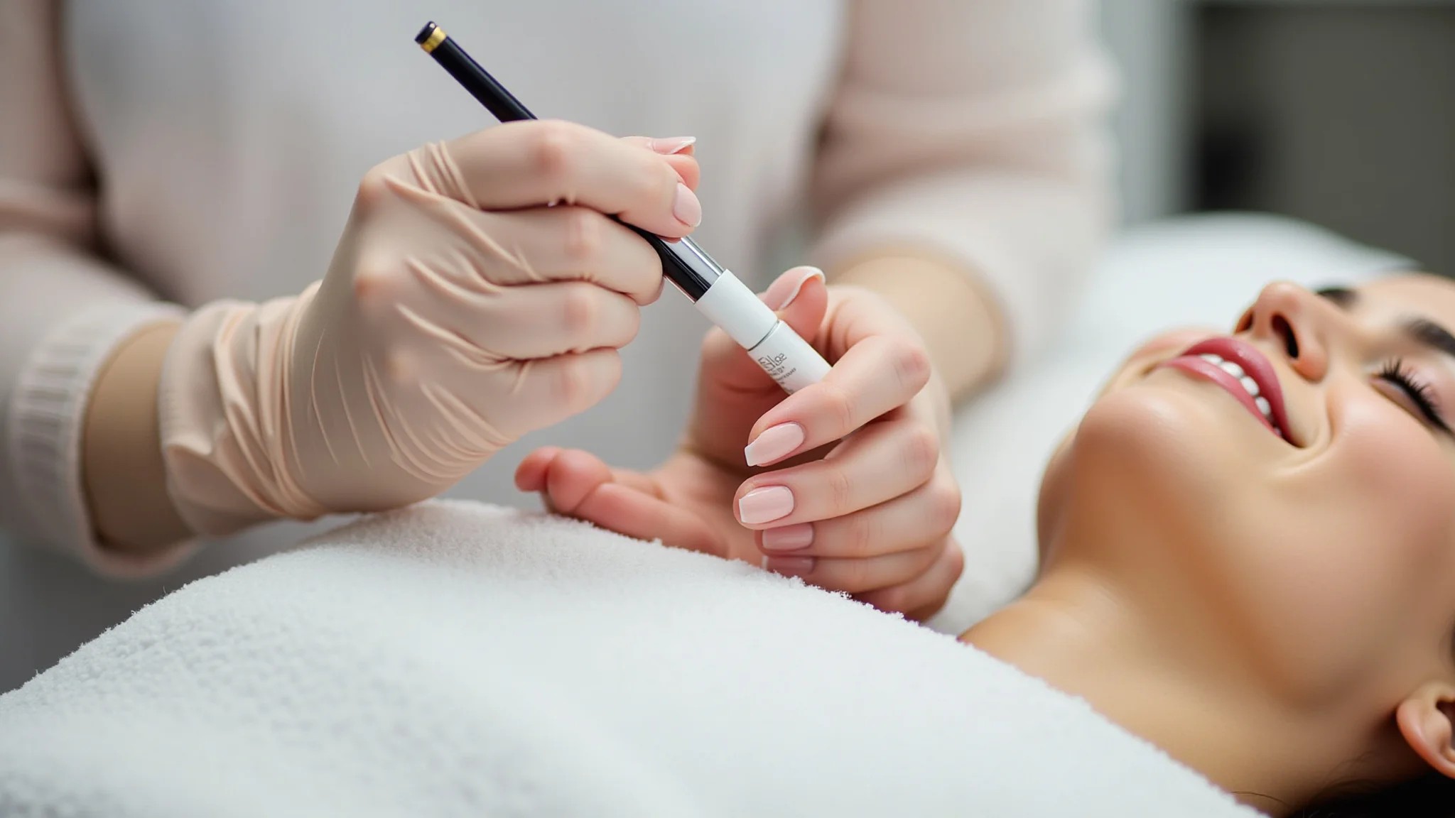 Aplicação de unhas de gel em salão de beleza, foco nas mãos da cliente.