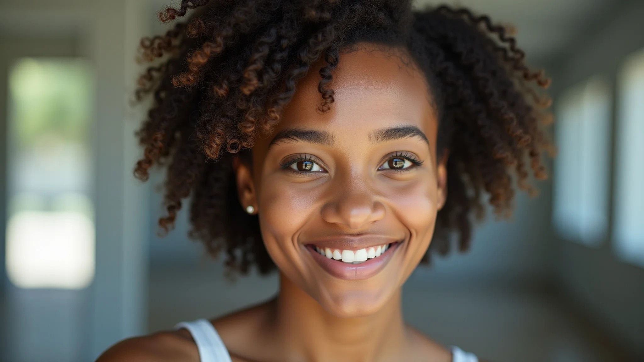 Mulher negra jovem com cabelo crespo curto em twist out definido.
