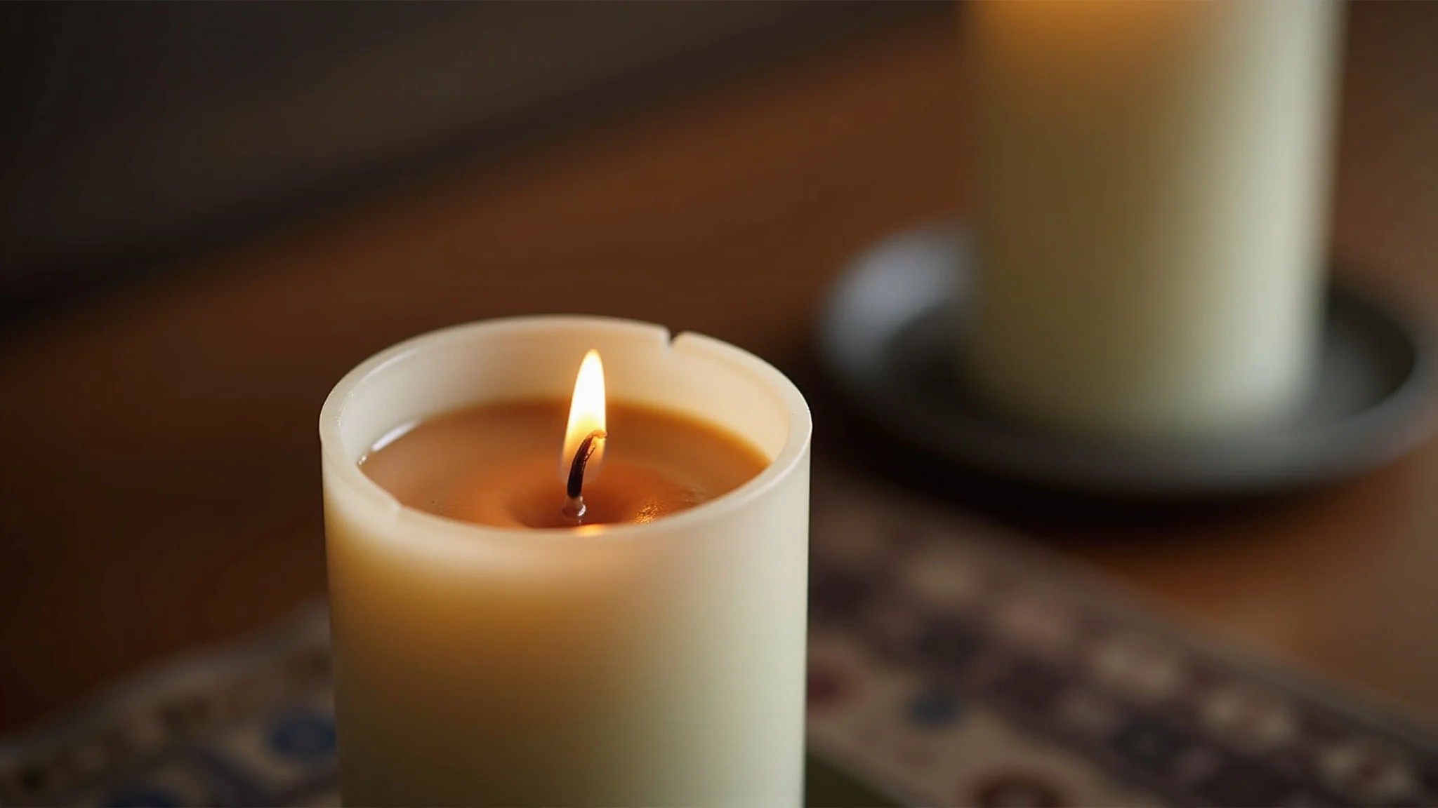 Vela apagada com cera sem brilho, sem perfume, em fundo de casa brasileira aconchegante.