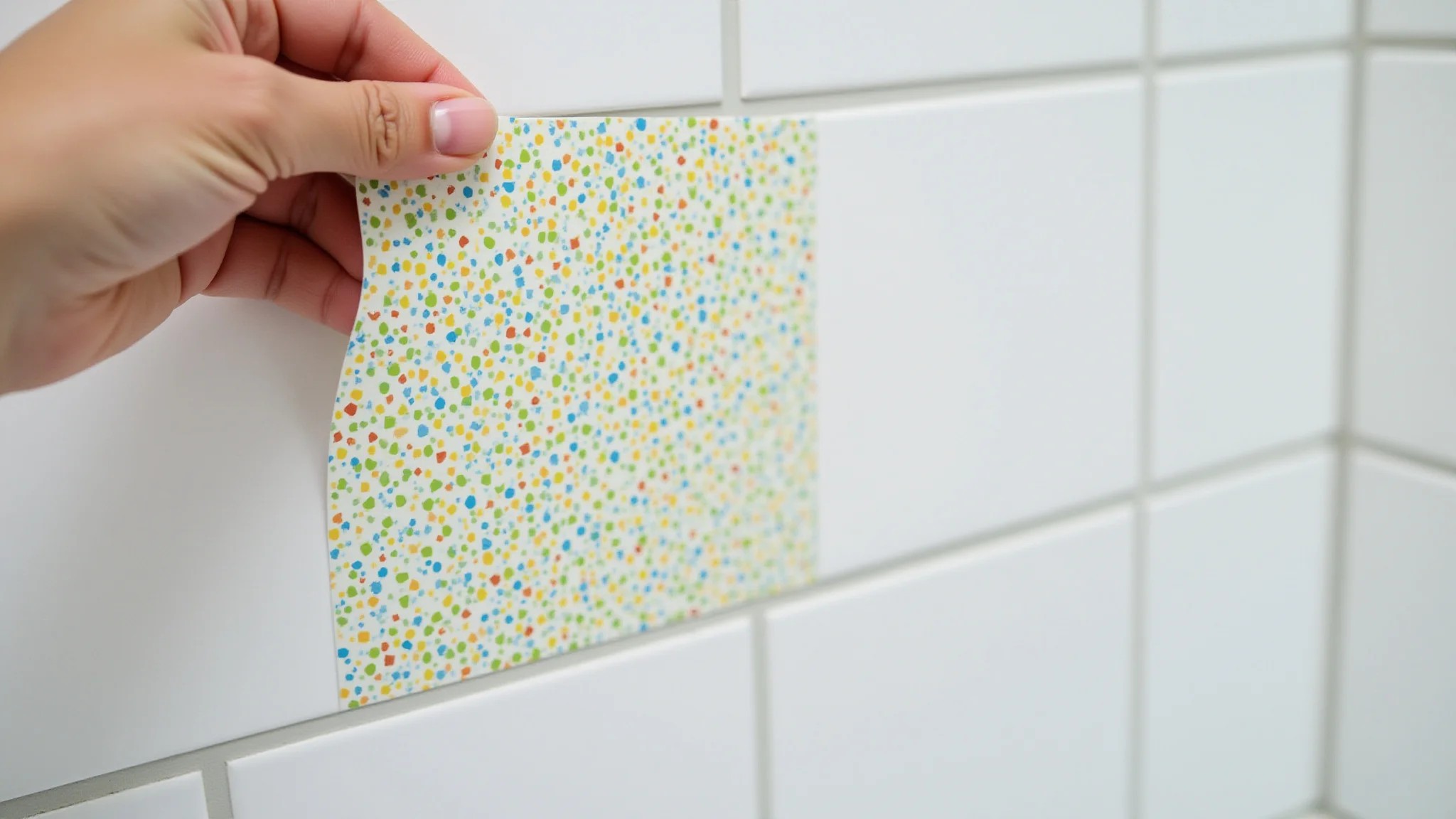 Aplicação de adesivos coloridos e estampados em azulejos de banheiro.