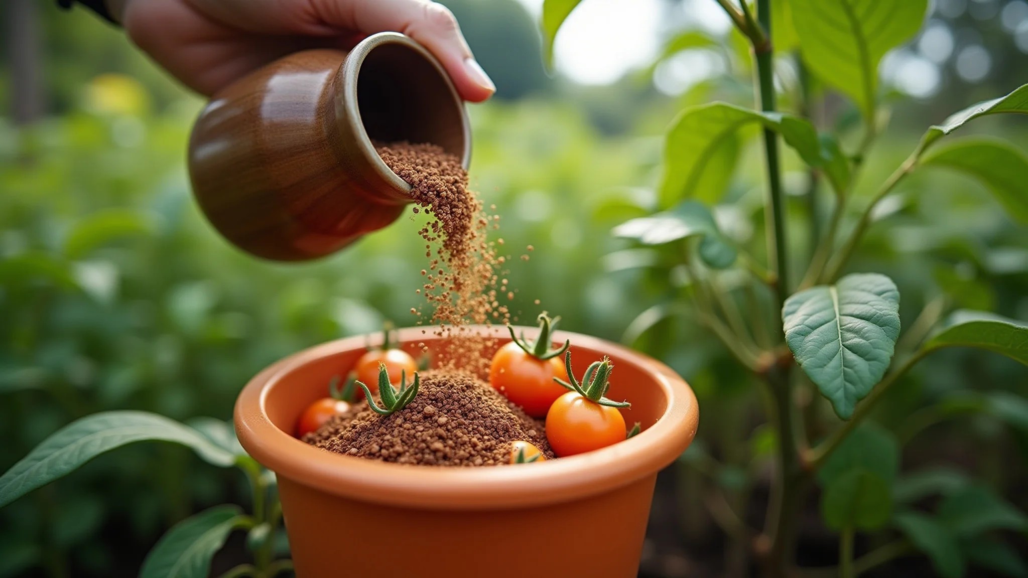 Borra de café sendo usada como repelente natural para formigas em uma horta orgânica.