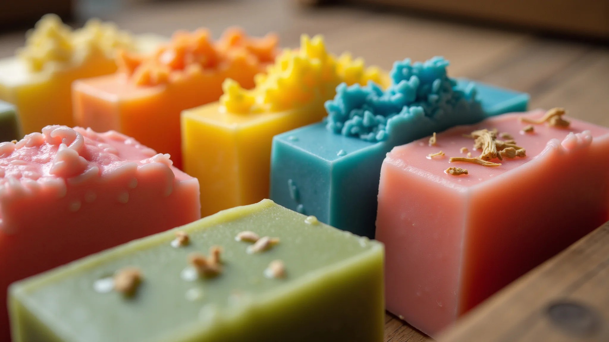 Sabonetes artesanais coloridos com ingredientes naturais em estilo brasileiro vibrante.