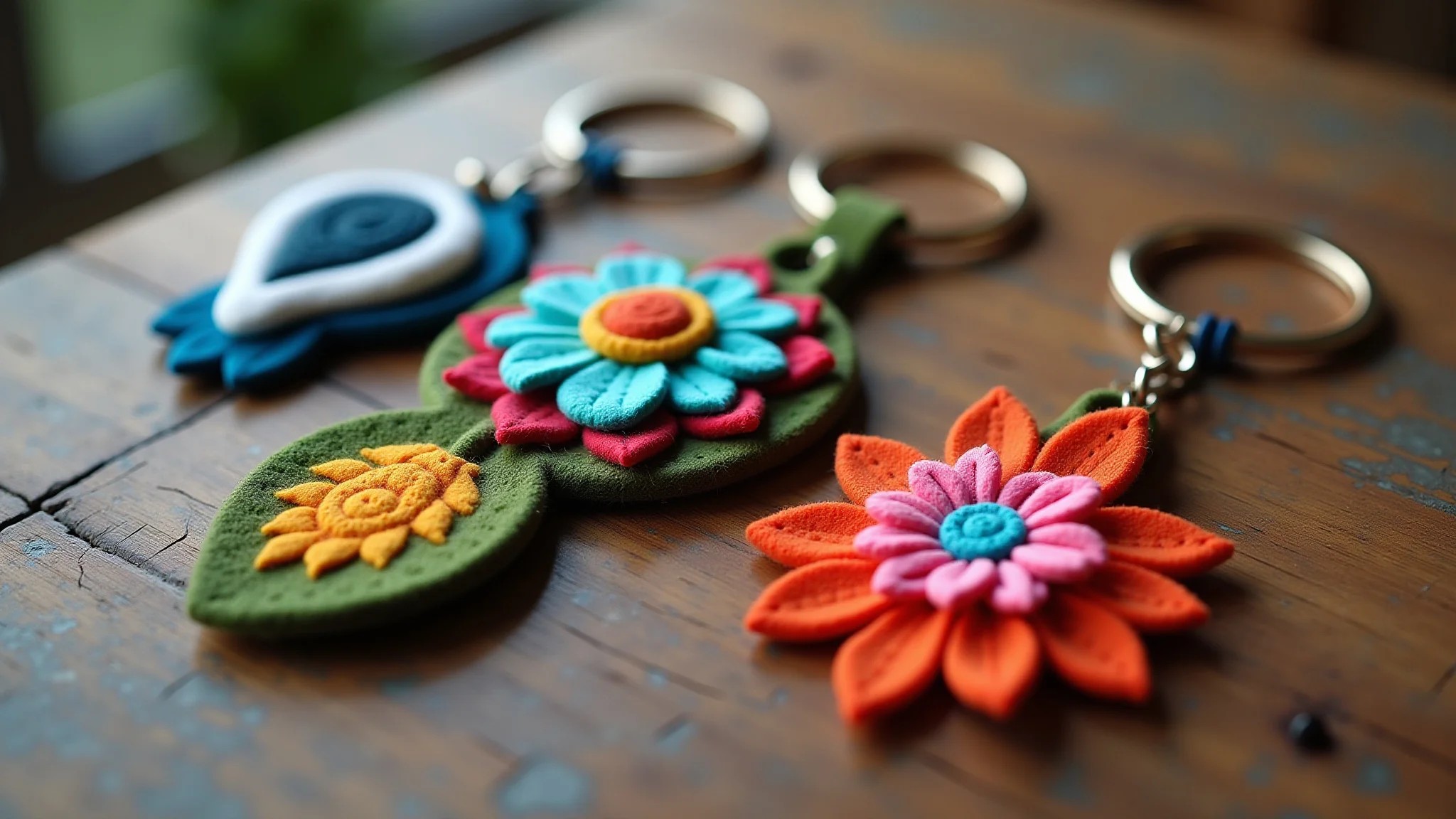 Chaveiros artesanais coloridos feitos de feltro, resina e macramê em mesa de madeira rústica.