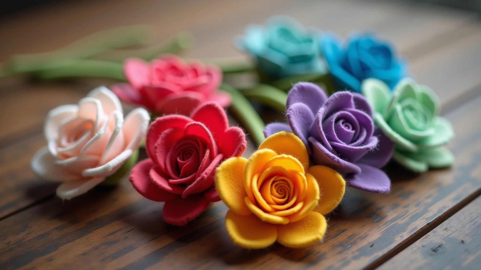 Arranjo delicado de flores de feltro coloridas sobre mesa rústica de madeira.