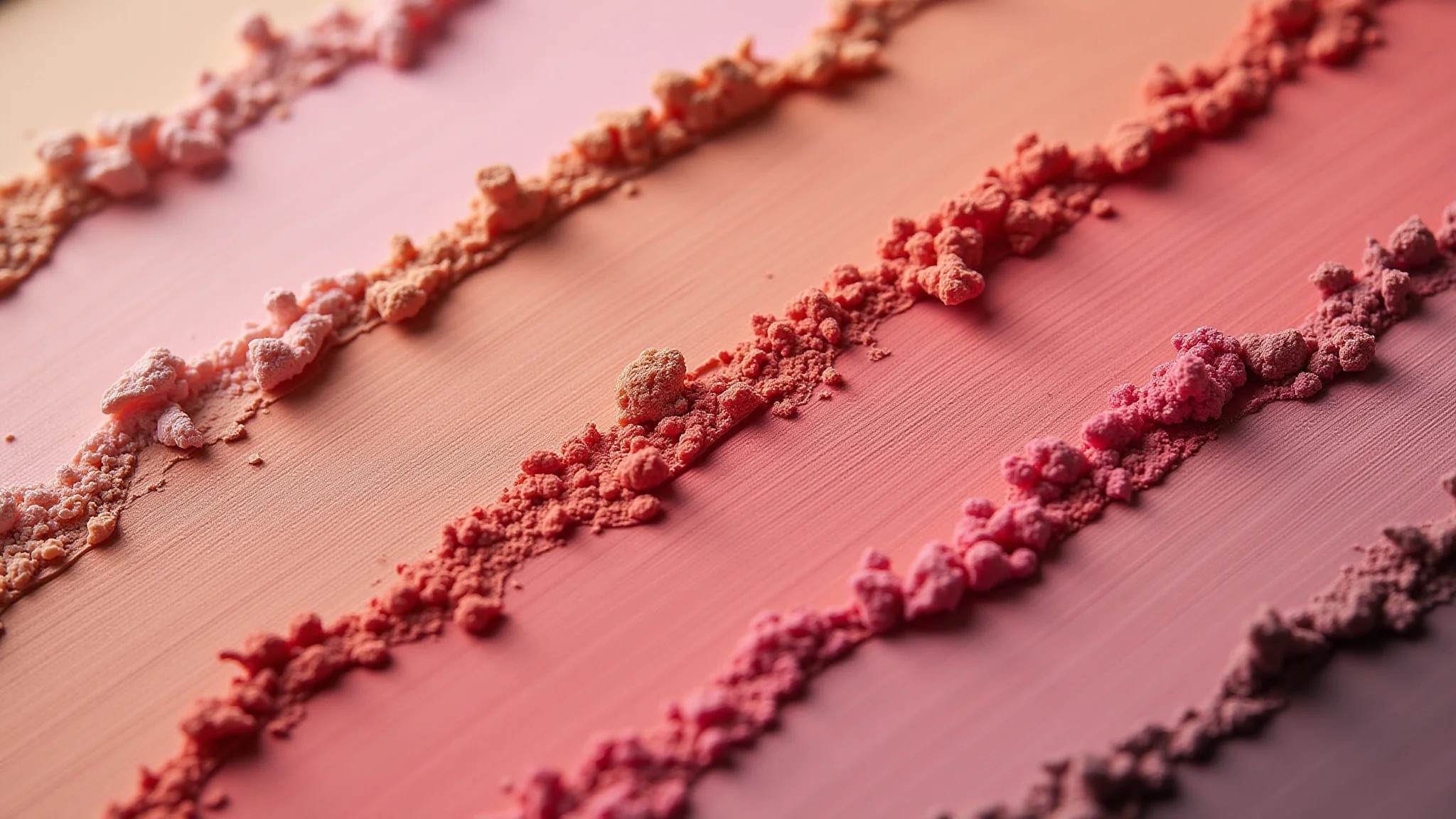 Close de diferentes tons e texturas de blush, marcas de maquiagem brasileiras, cores vibrantes.
