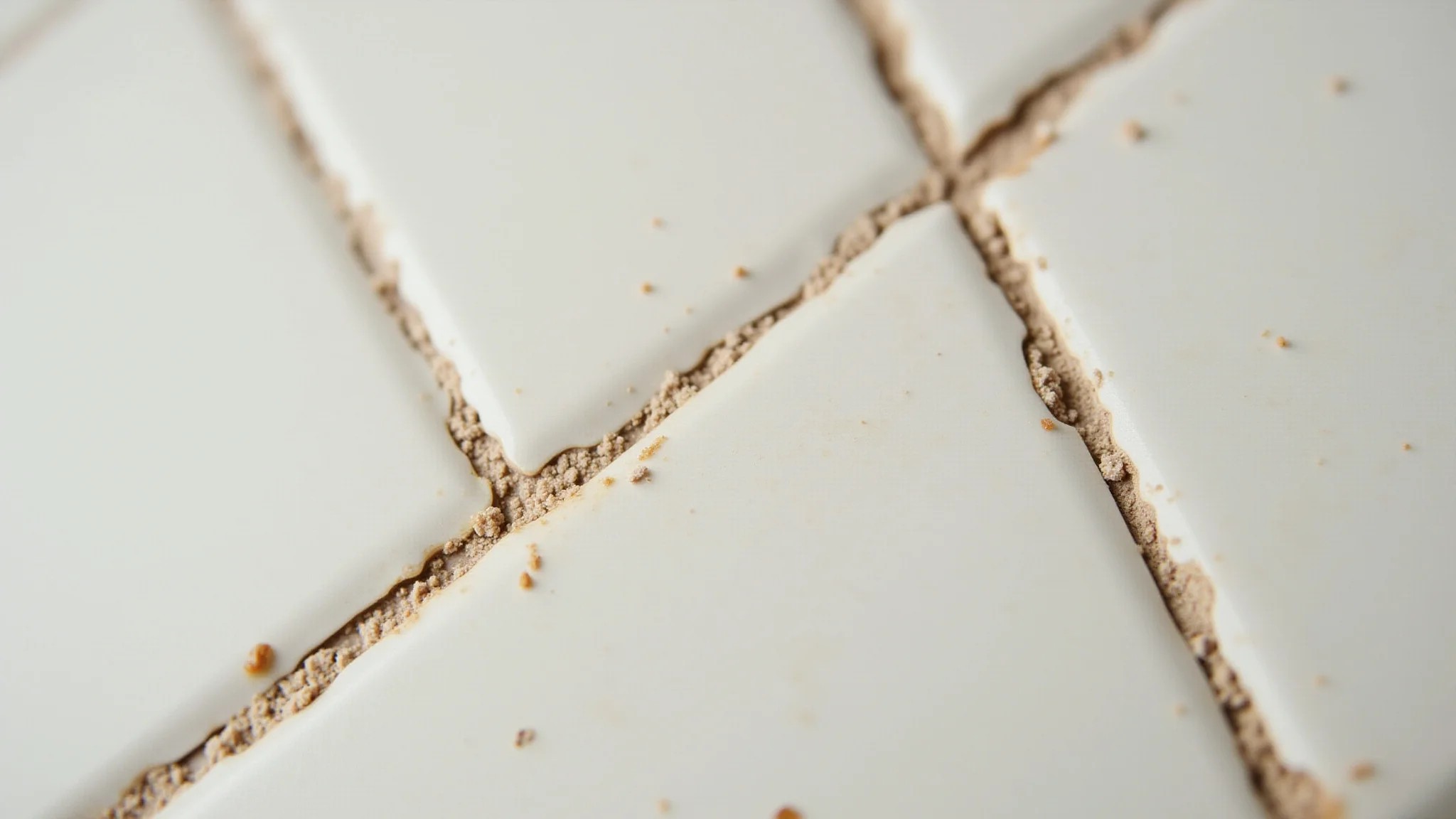 Detalhe fotorrealista do rejunte sujo e encardido entre azulejos brancos no banheiro.