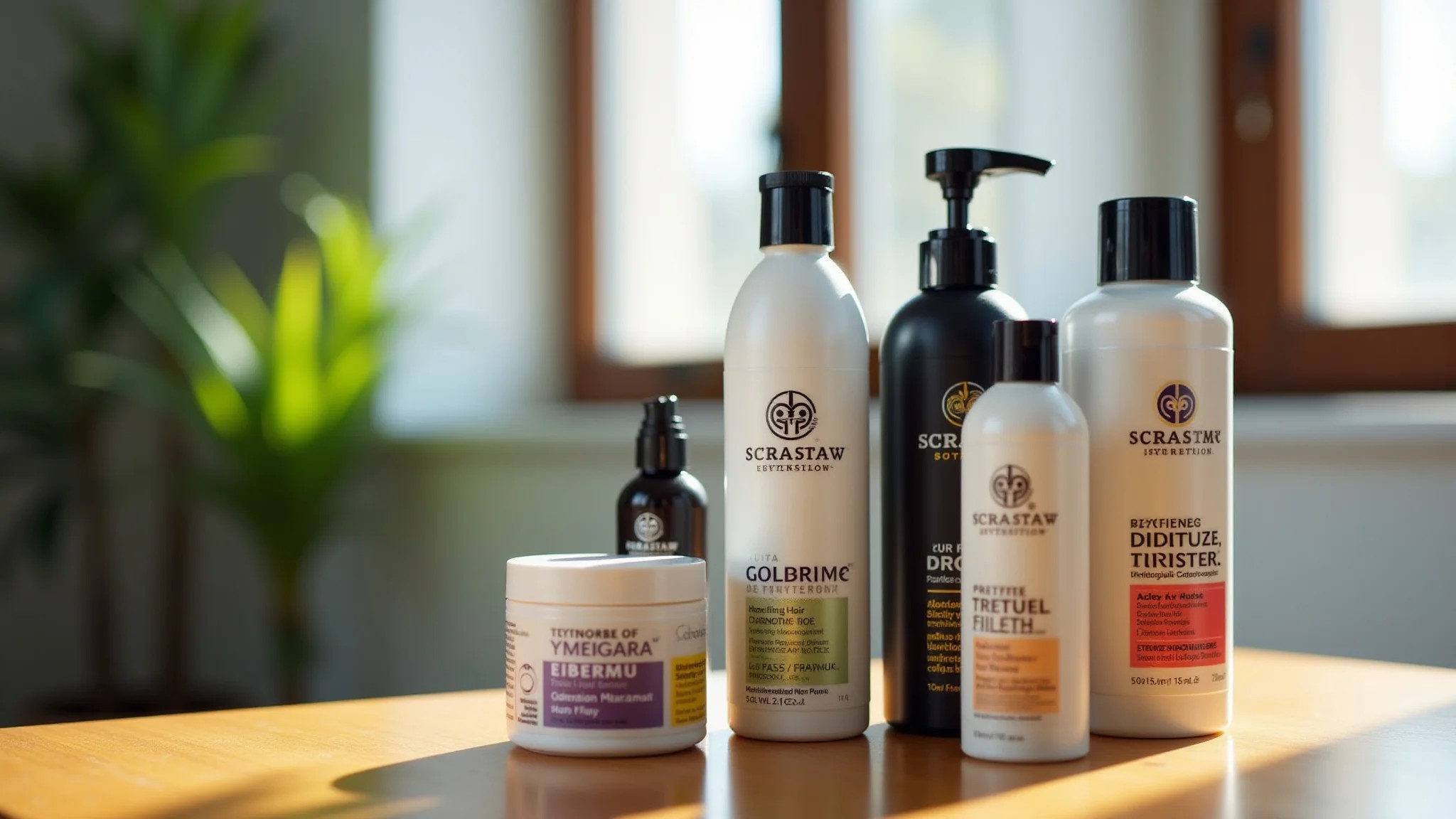 Produtos acessíveis para cronograma capilar organizados em uma mesa de madeira.