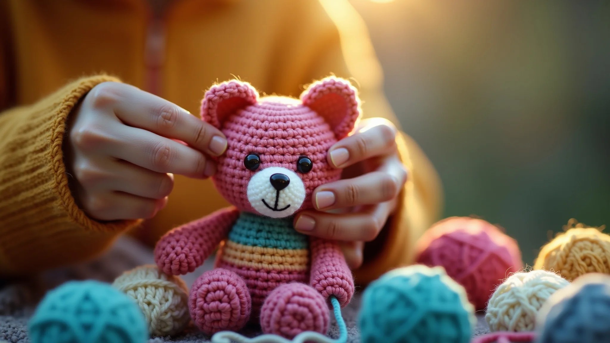 Mãos diversas crocheteando um amigurumi colorido. Detalhes do fio em foco.