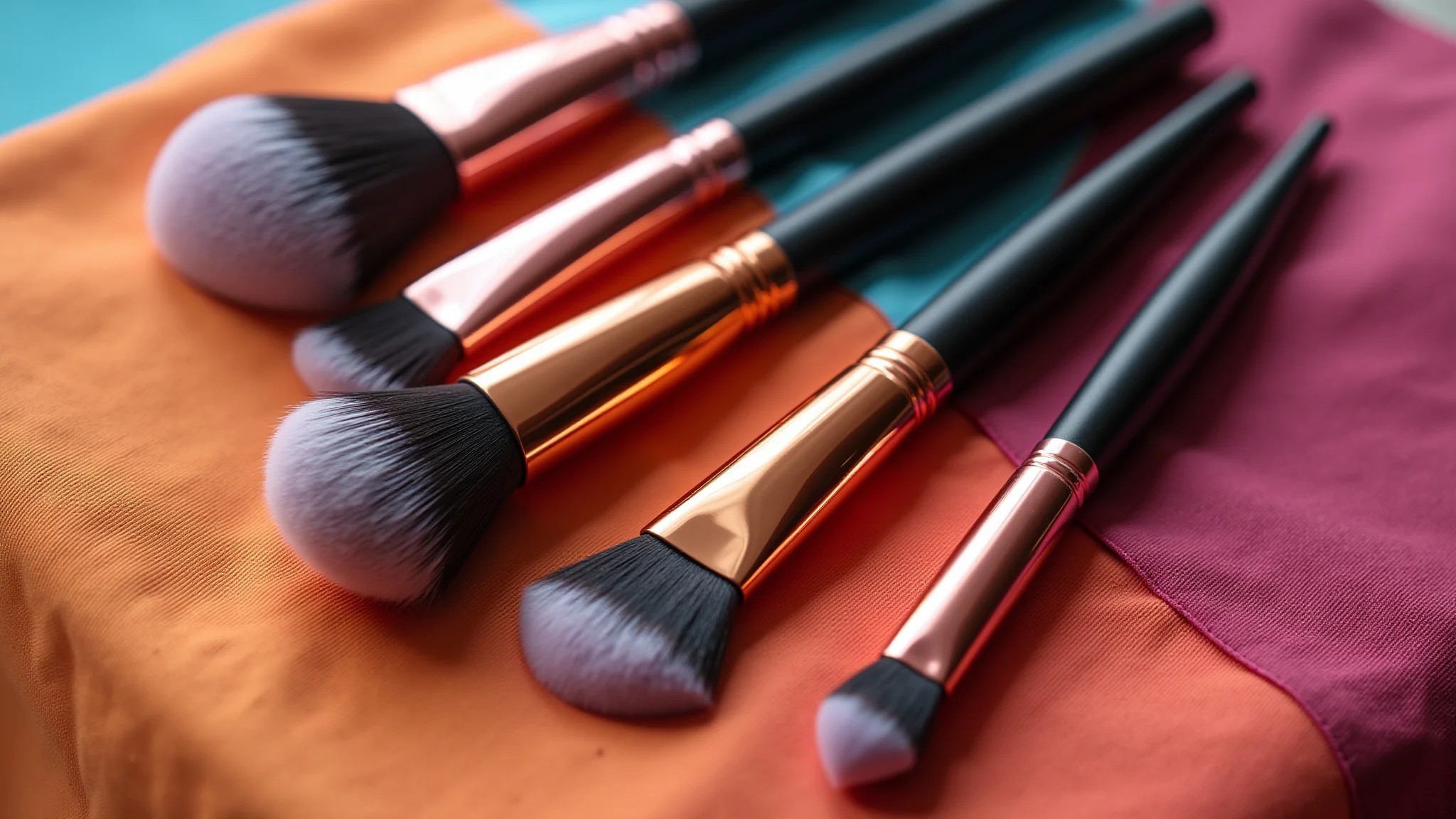 Pincéis de blush de diferentes tipos dispostos sobre tecido colorido brasileiro.