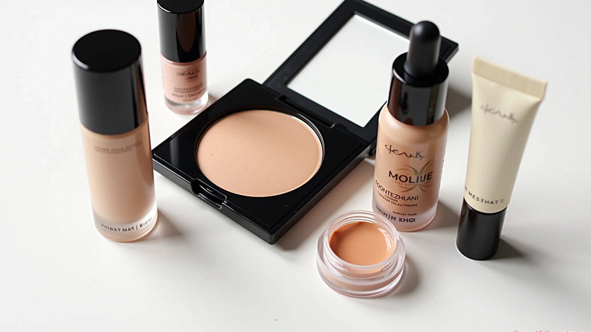 Produtos de maquiagem para pele oleosa e acneica em close-up.