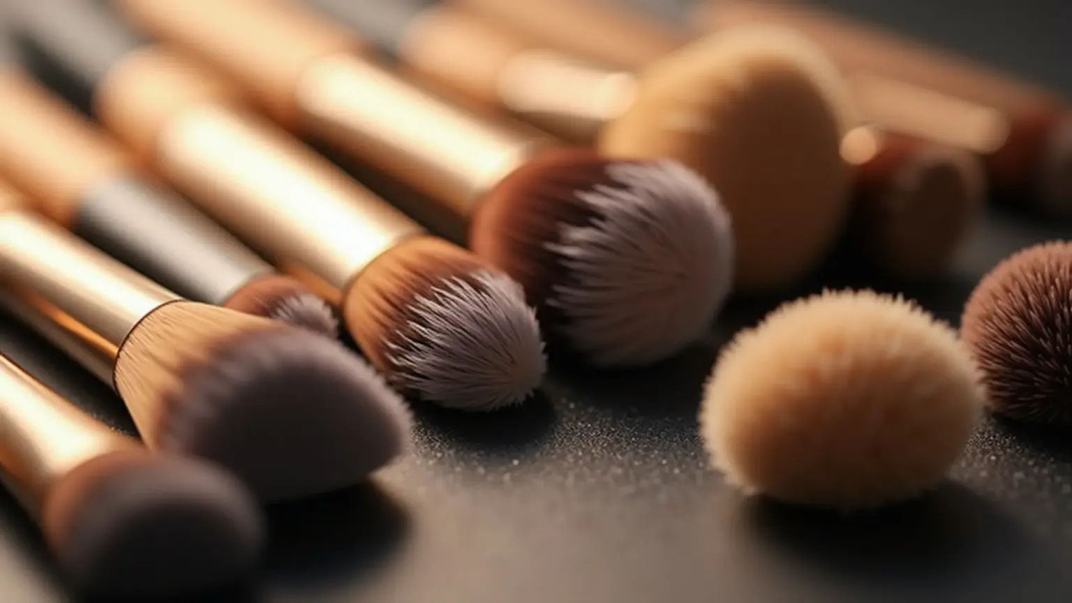 Pincéis de maquiagem diversos com base nas cerdas, foco na variedade e qualidade.