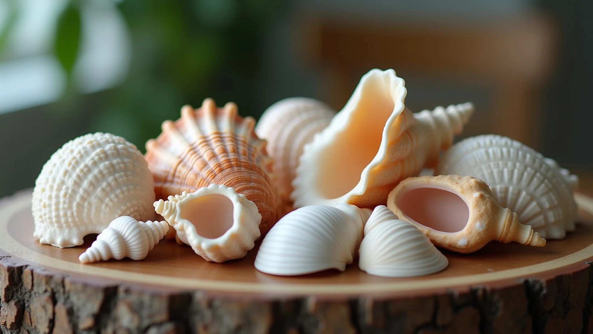 Arranjo artístico de conchas do mar em mesa de madeira rústica, artesanato brasileiro.