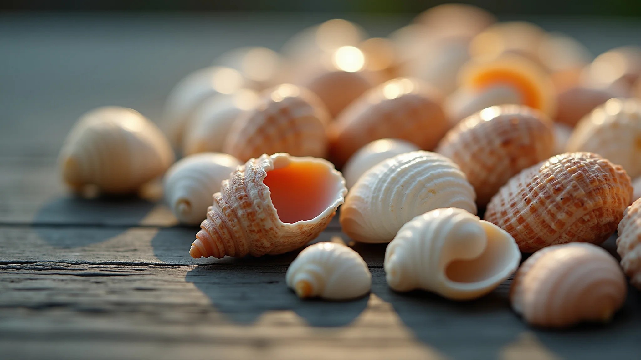 Arranjo de conchas do mar em mesa de madeira rústica, artesanato brasileiro.