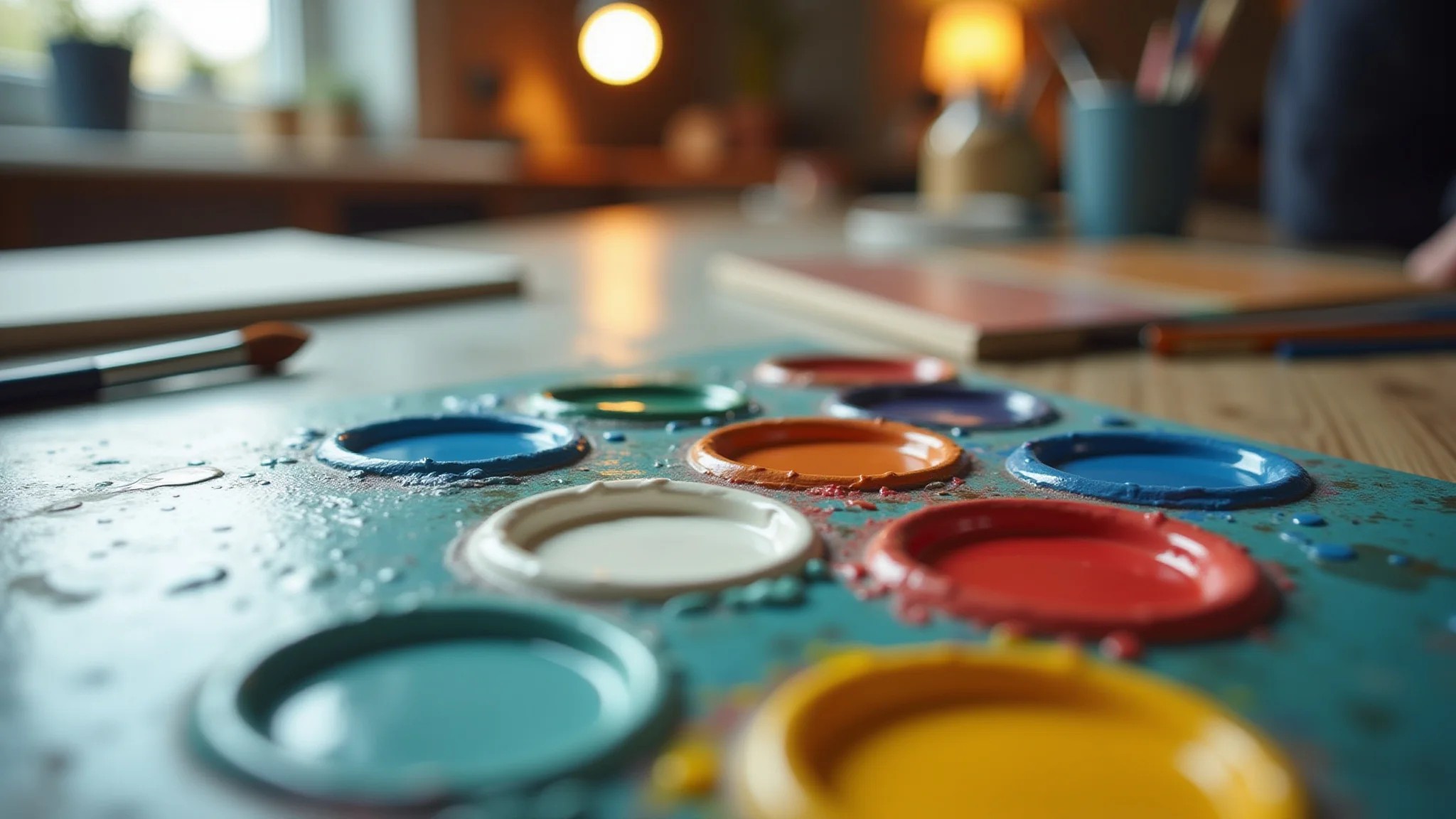 Kit básico de pintura: pincéis, tintas acrílicas, paleta e tela.