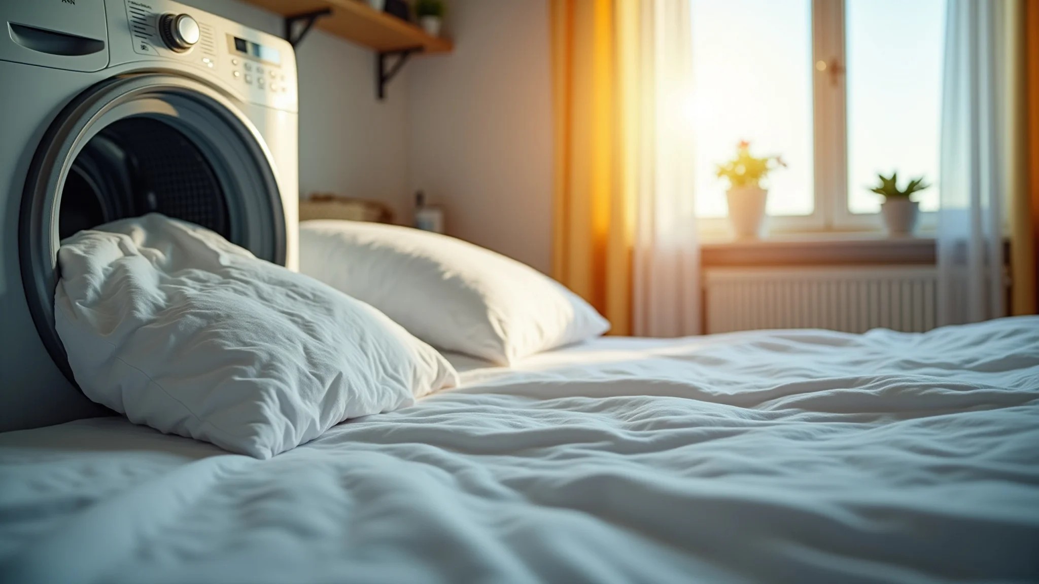 Roupa de cama limpa saindo da máquina de lavar, com luz solar suave.