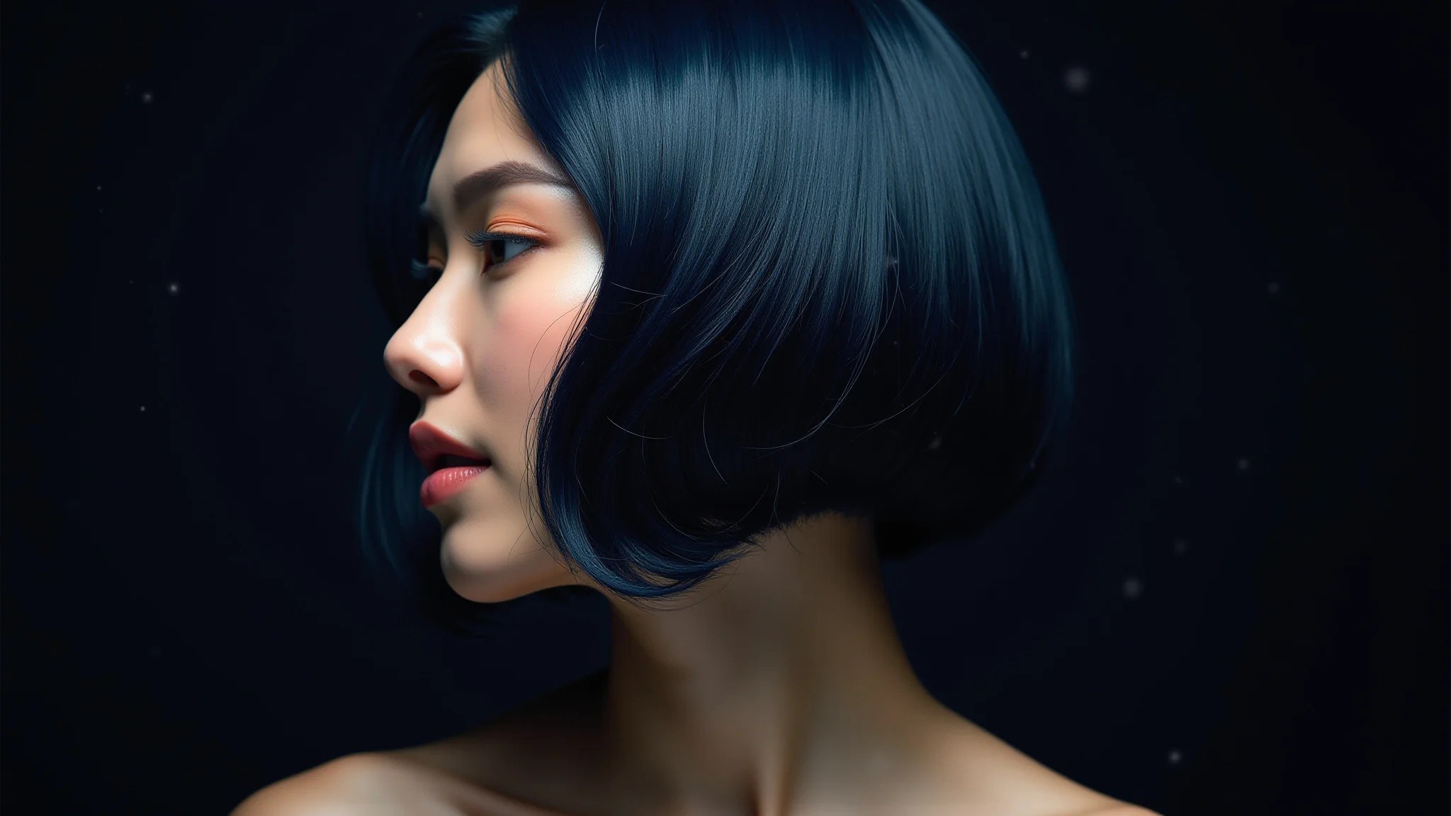 Cabelo preto azulado brilhante como céu noturno estrelado, reflexo de luzes.
