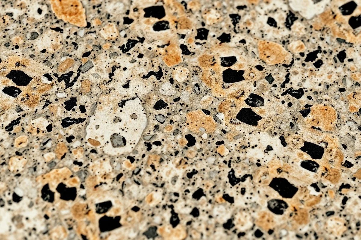 Textura detalhada de granito brasileiro, mostrando quartzo, feldspato e mica.