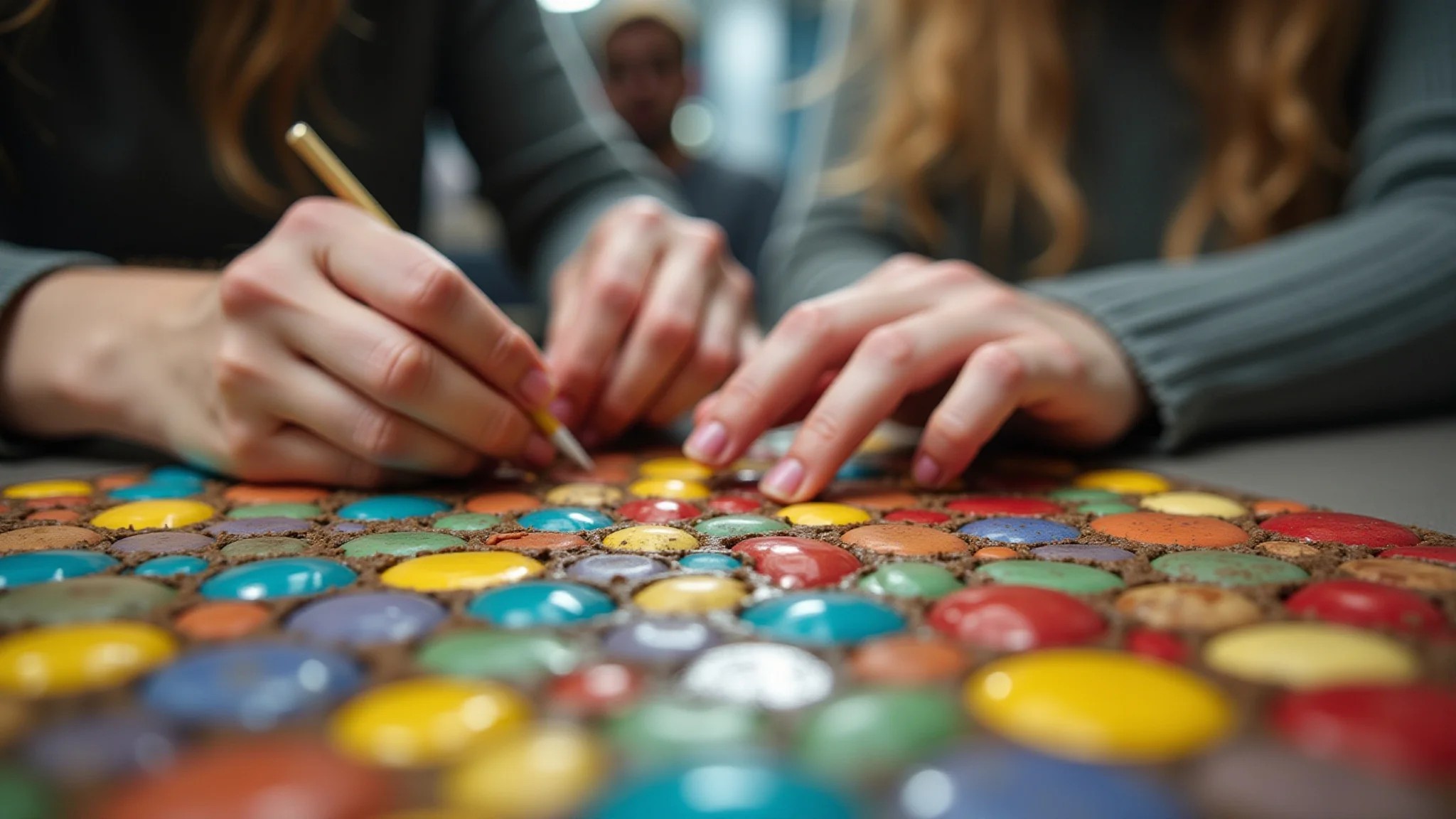Mãos criando mosaico colorido com cápsulas de café recicladas, arte sustentável.