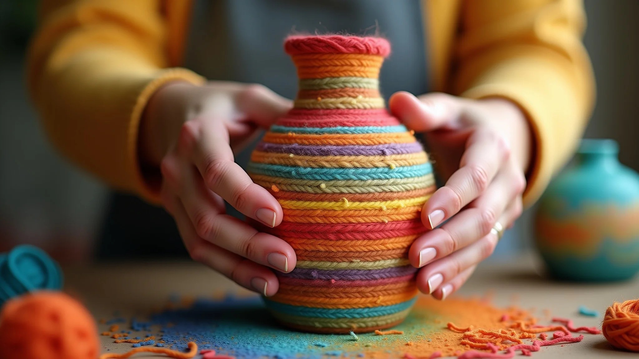Mãos criando vaso colorido com barbante, close-up da arte terapêutica.