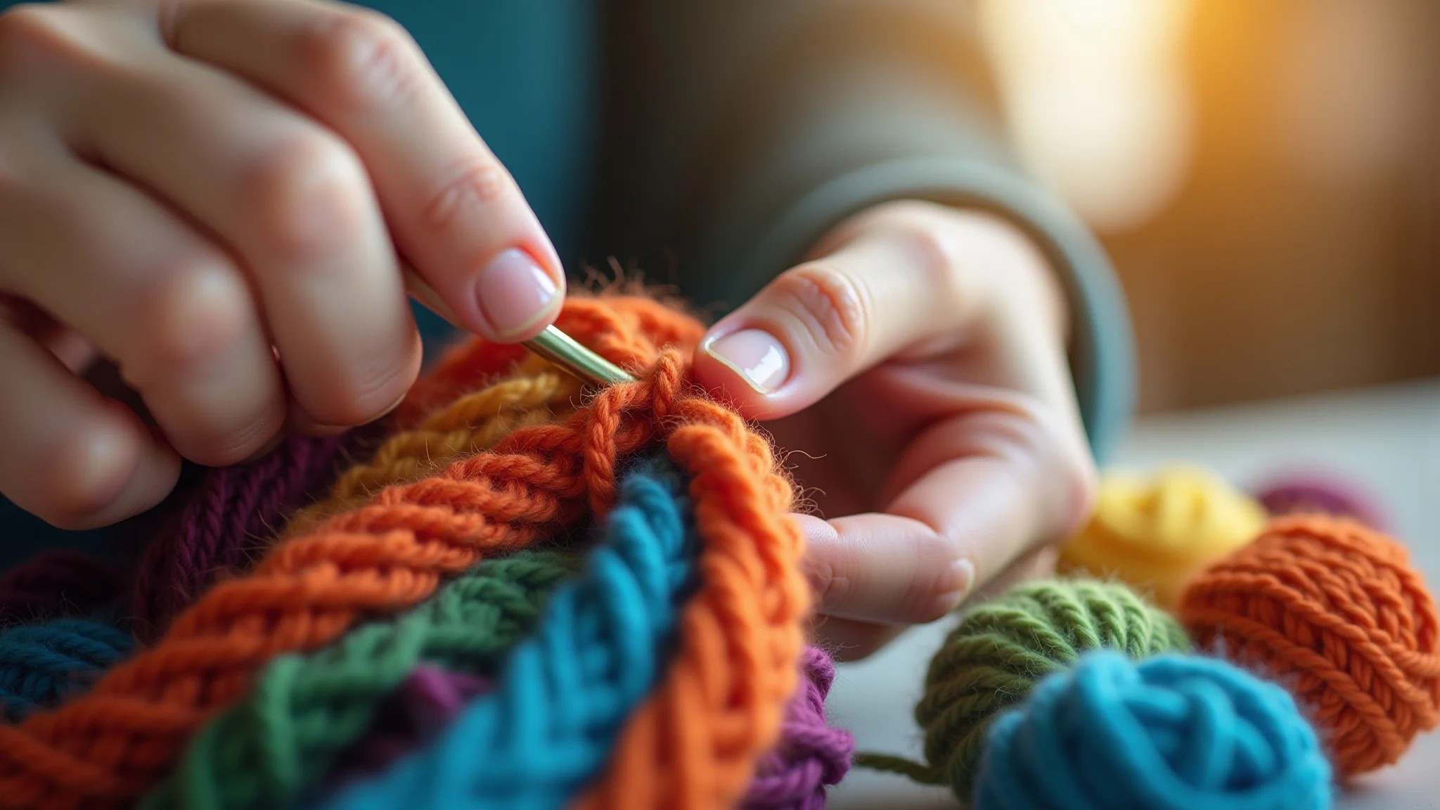Mãos habilidosas crocheteando fios coloridos, foco nos detalhes do crochê.