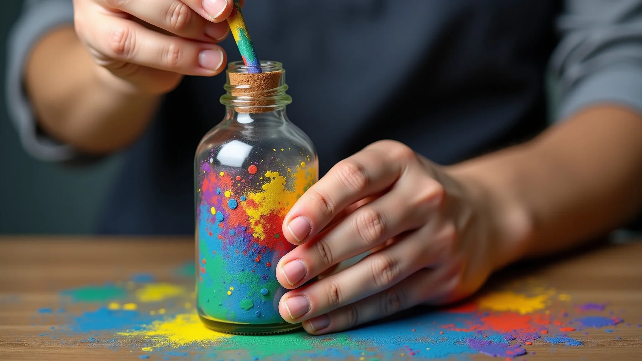 Mãos decorando garrafa de vidro com tinta acrílica colorida em estúdio vibrante.