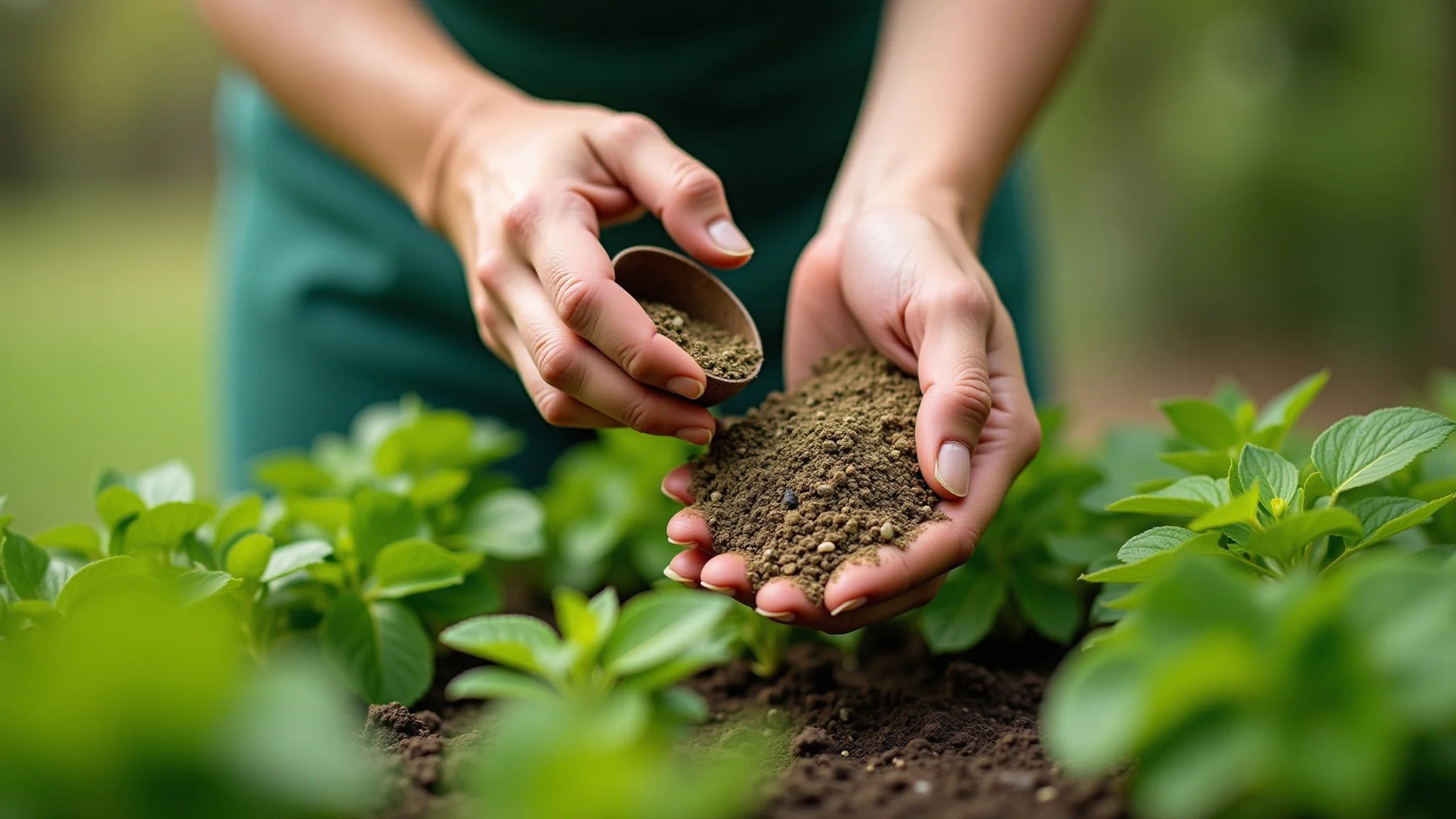 Mãos misturando ingredientes para adubo orgânico caseiro em um jardim verde vibrante.