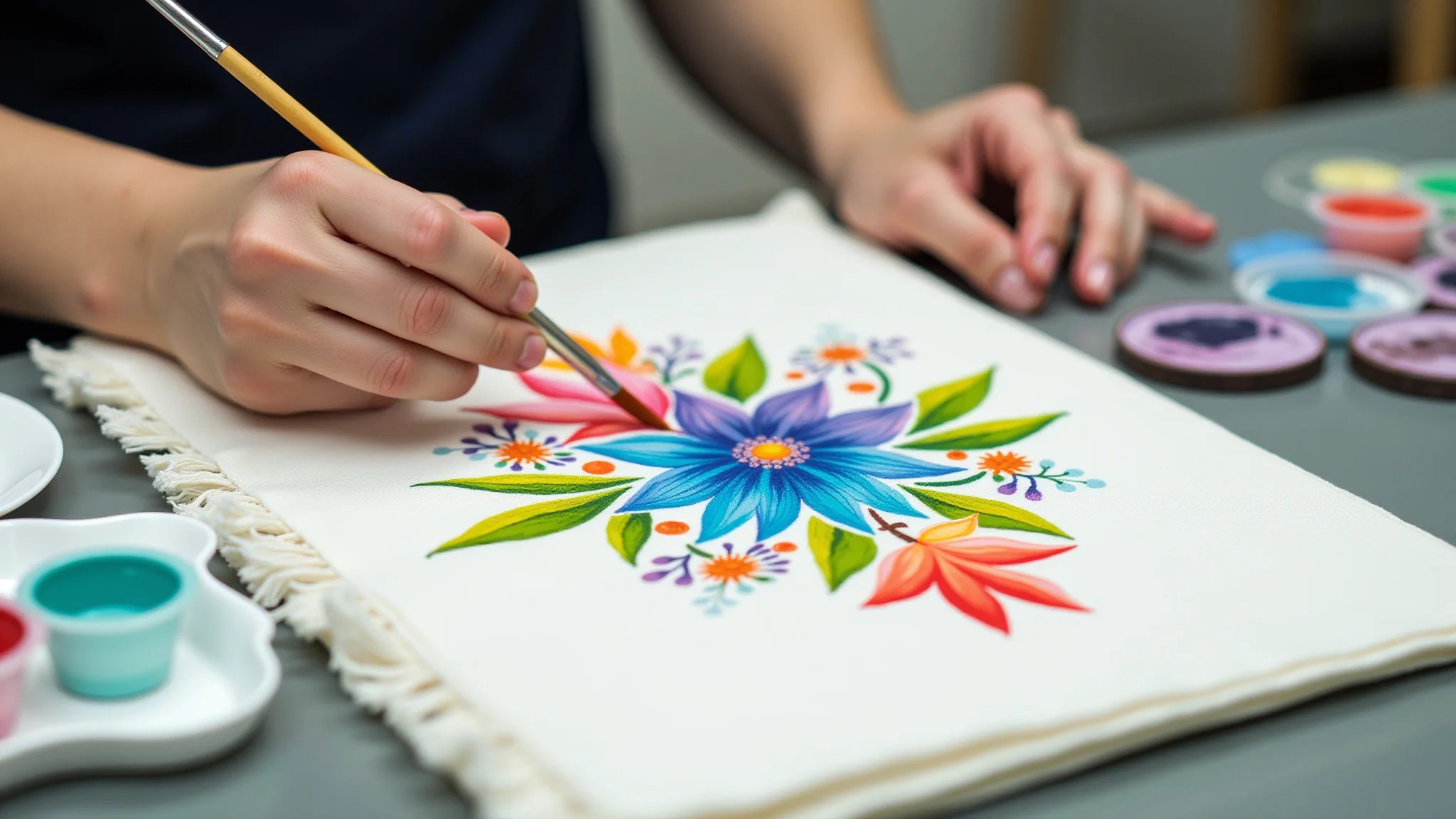 Mãos pintando flores coloridas em tecido de algodão branco, com tintas e pincéis.