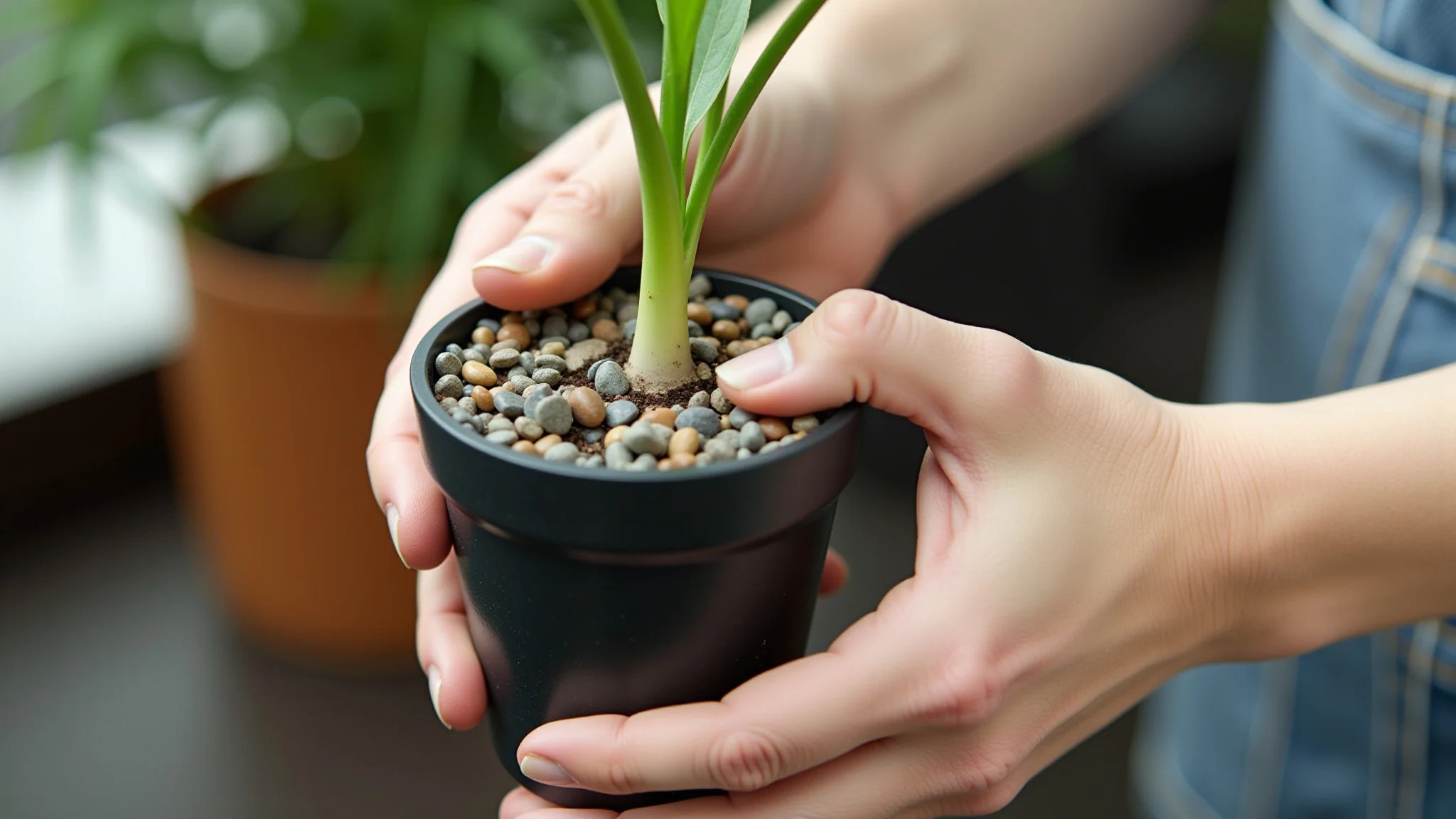 Mãos preparando vaso de planta com pedras de drenagem para evitar o acúmulo de água.