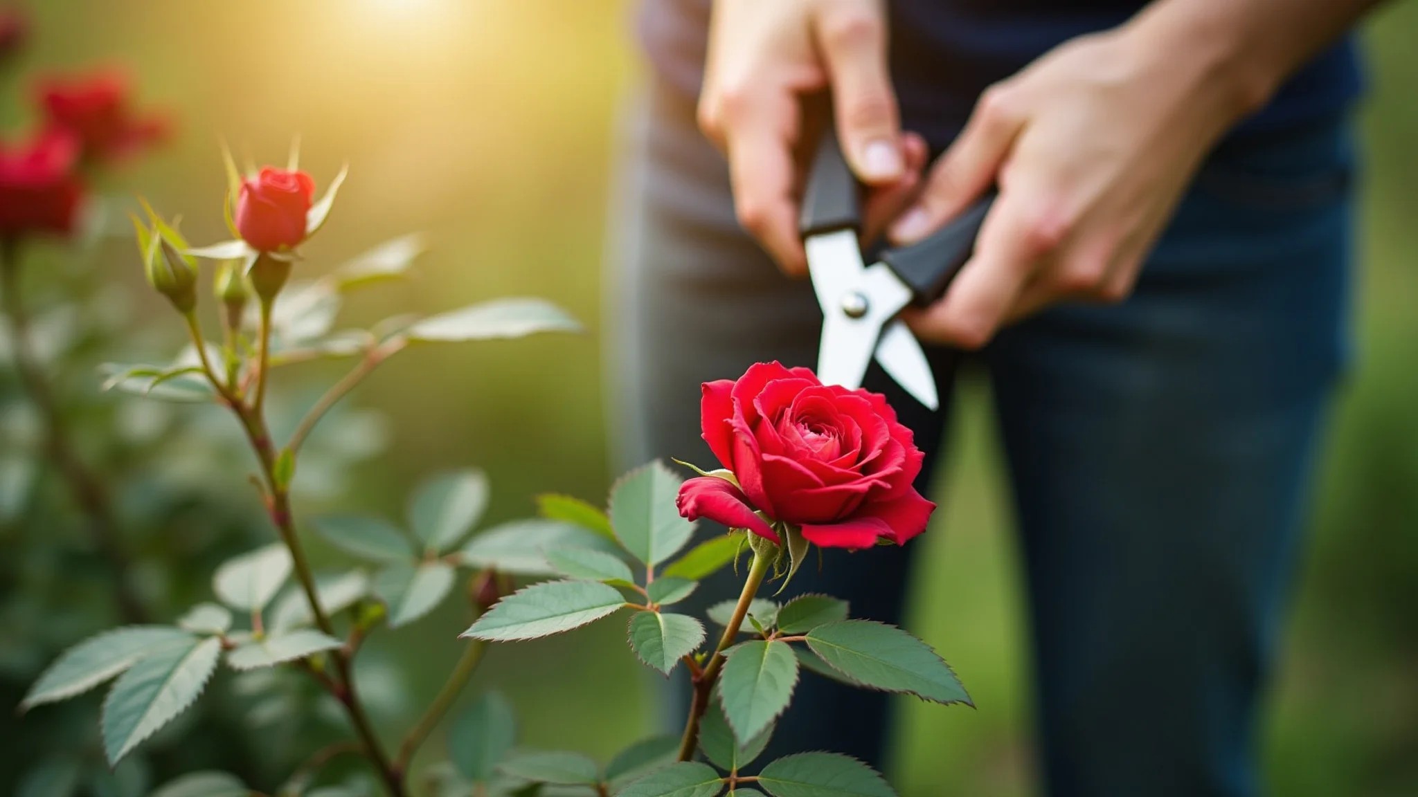 Mãos podando roseira com tesoura de poda, foco no corte limpo e folhas verdes.