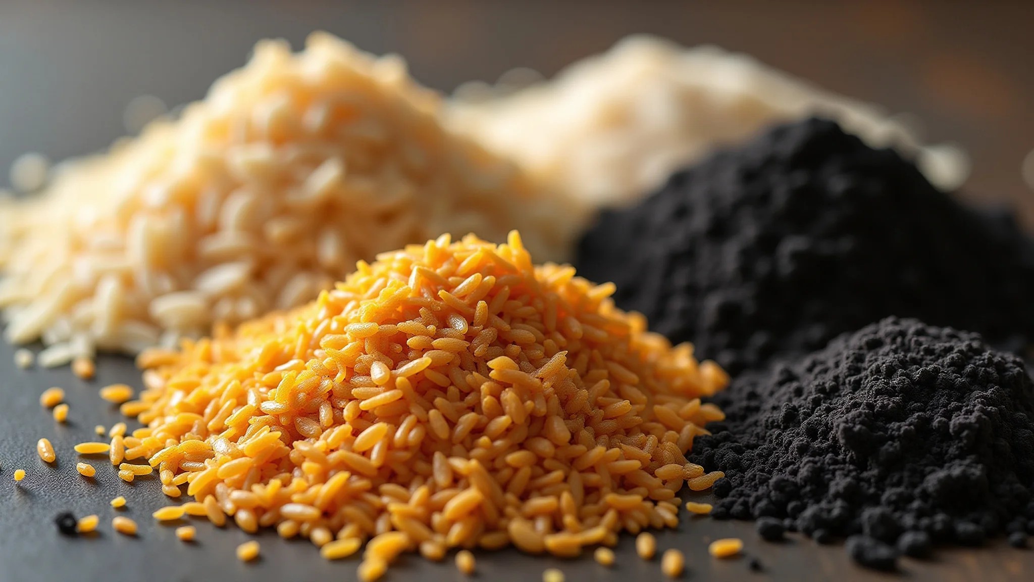 Ingredientes do adubo Bokashi caseiro: farelo de arroz, trigo, melaço, carvão e terra.