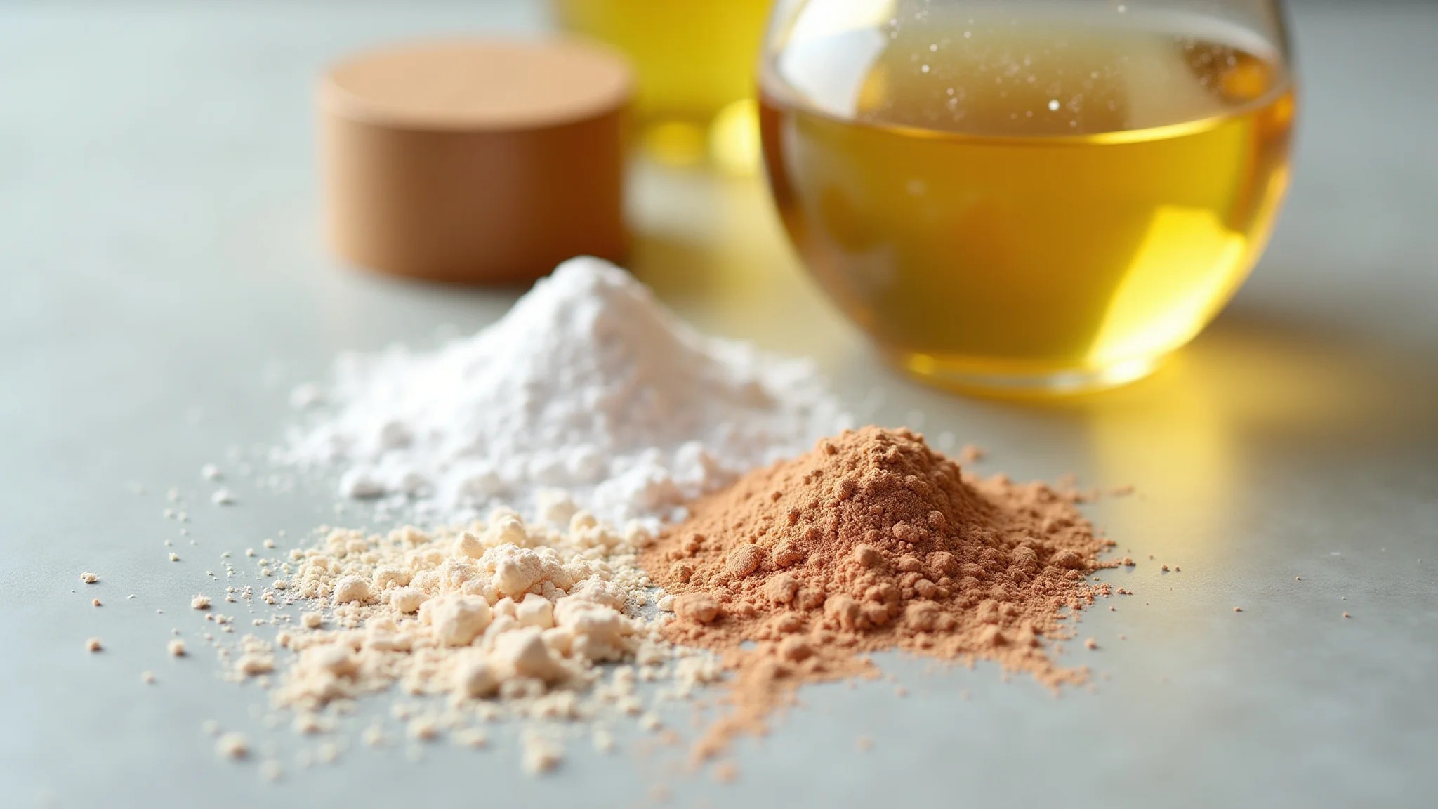 Ingredientes para iluminador caseiro (amido de milho, mica, óleo) em close-up.