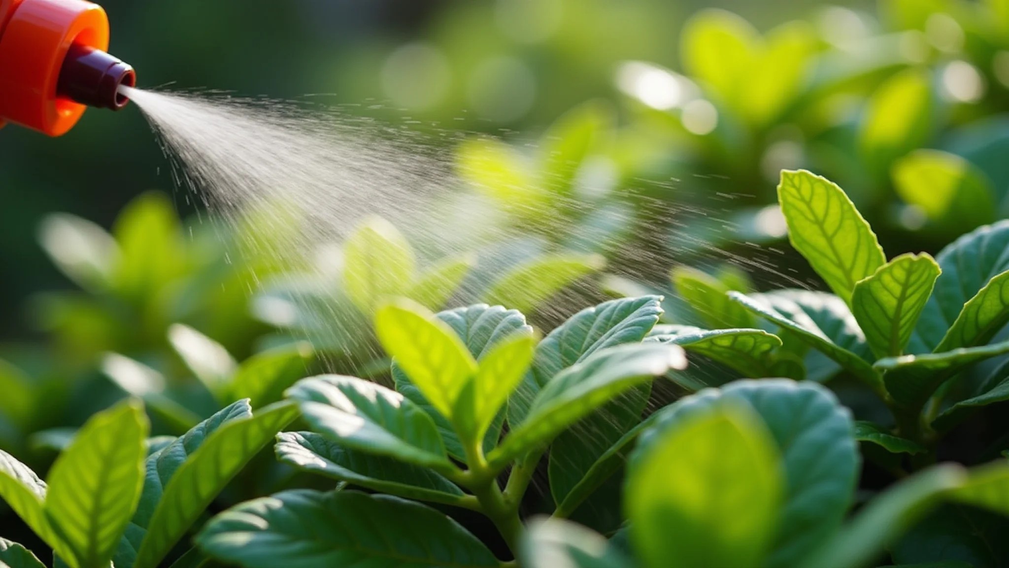 Inseticida caseiro sendo aplicado em plantas verdes exuberantes em um jardim brasileiro.