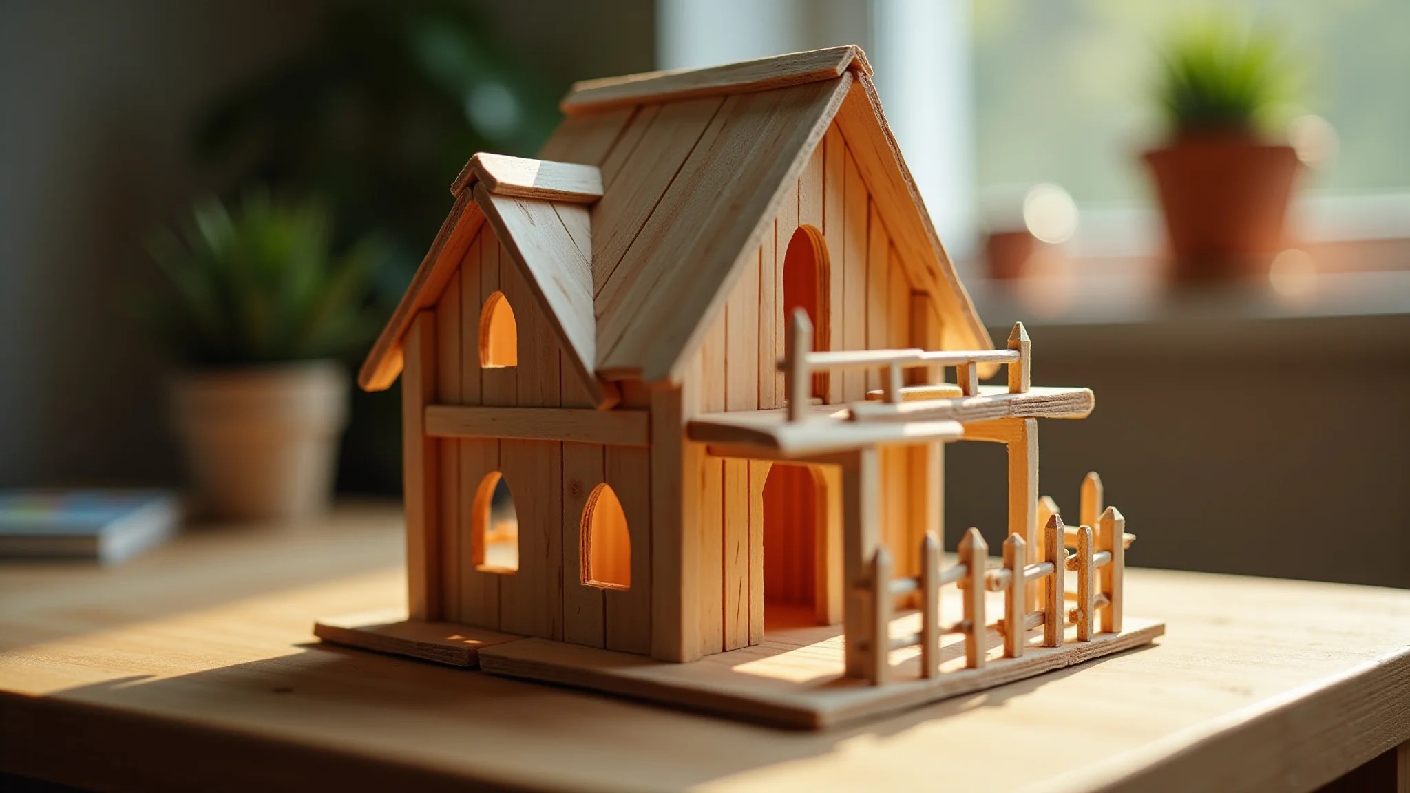 Miniatura detalhada de casa feita com palitos de churrasco, artesanato criativo.