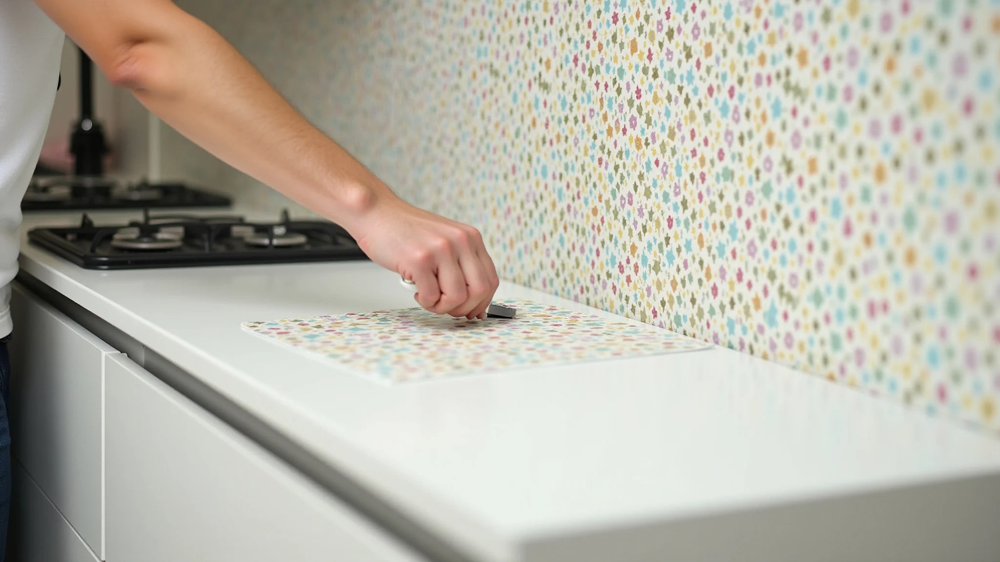 Aplicação de adesivos coloridos em azulejos de cozinha para renovação rápida.
