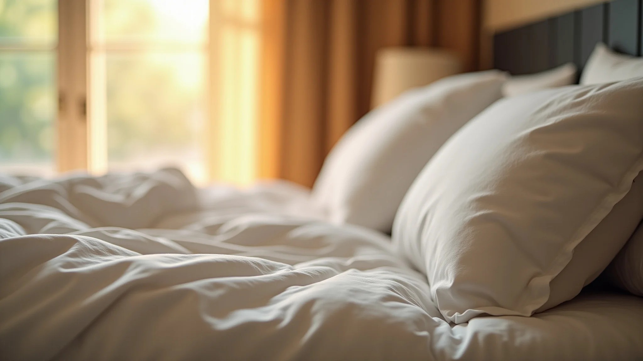 Detalhe luxuoso de roupa de cama de algodão egípcio, convidativa e aconchegante.