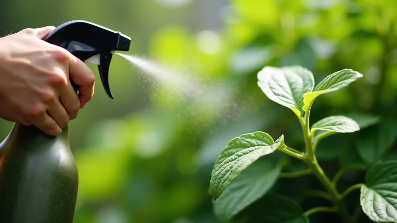 Aplicação de spray orgânico para controle de pragas em planta exuberante.