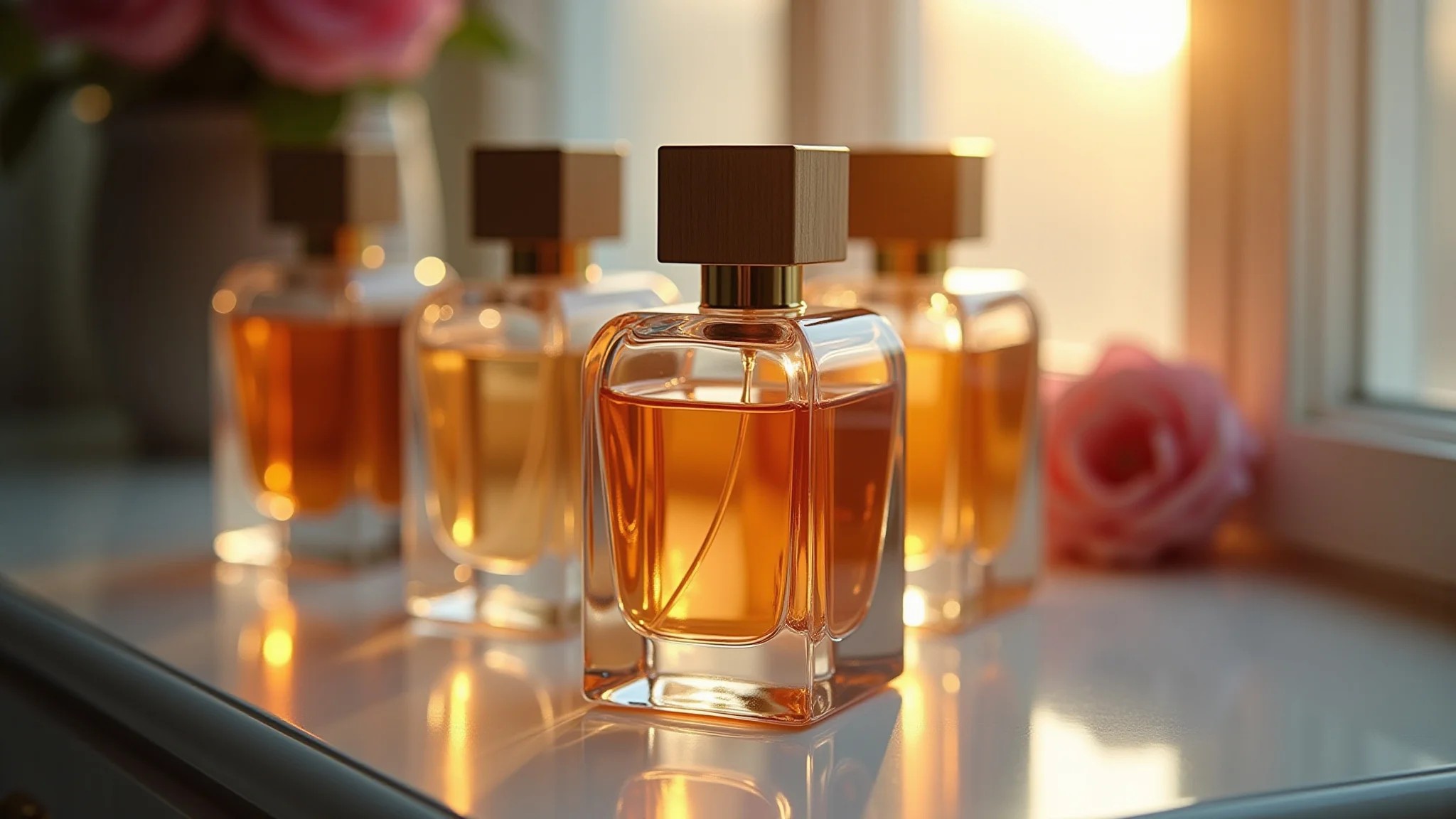 Frascos de perfumes importados em uma penteadeira com iluminação suave.