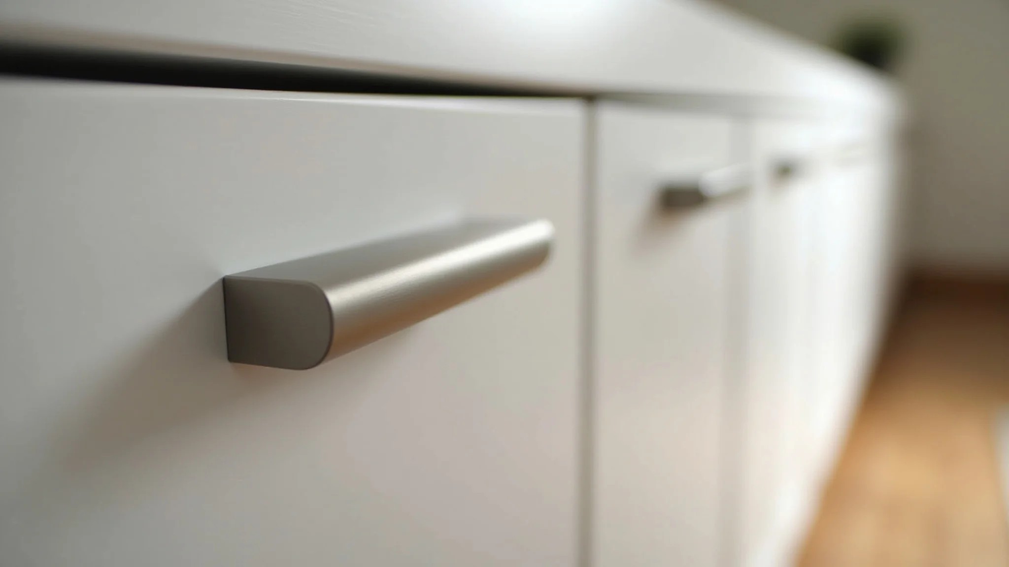 Detalhe de puxador de barra em aço inox escovado em armário de cozinha moderno.